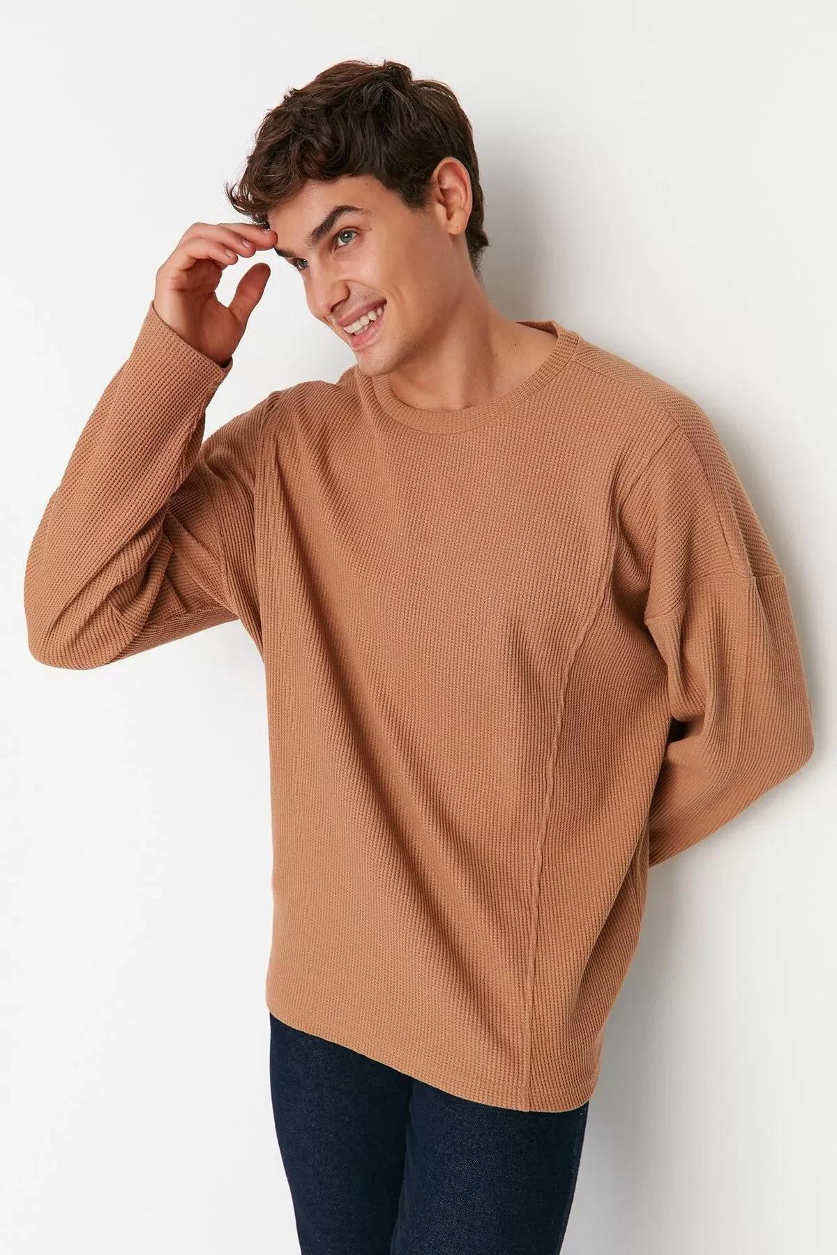 Brown Long Crew Neck T-Shirt, , large image number 5