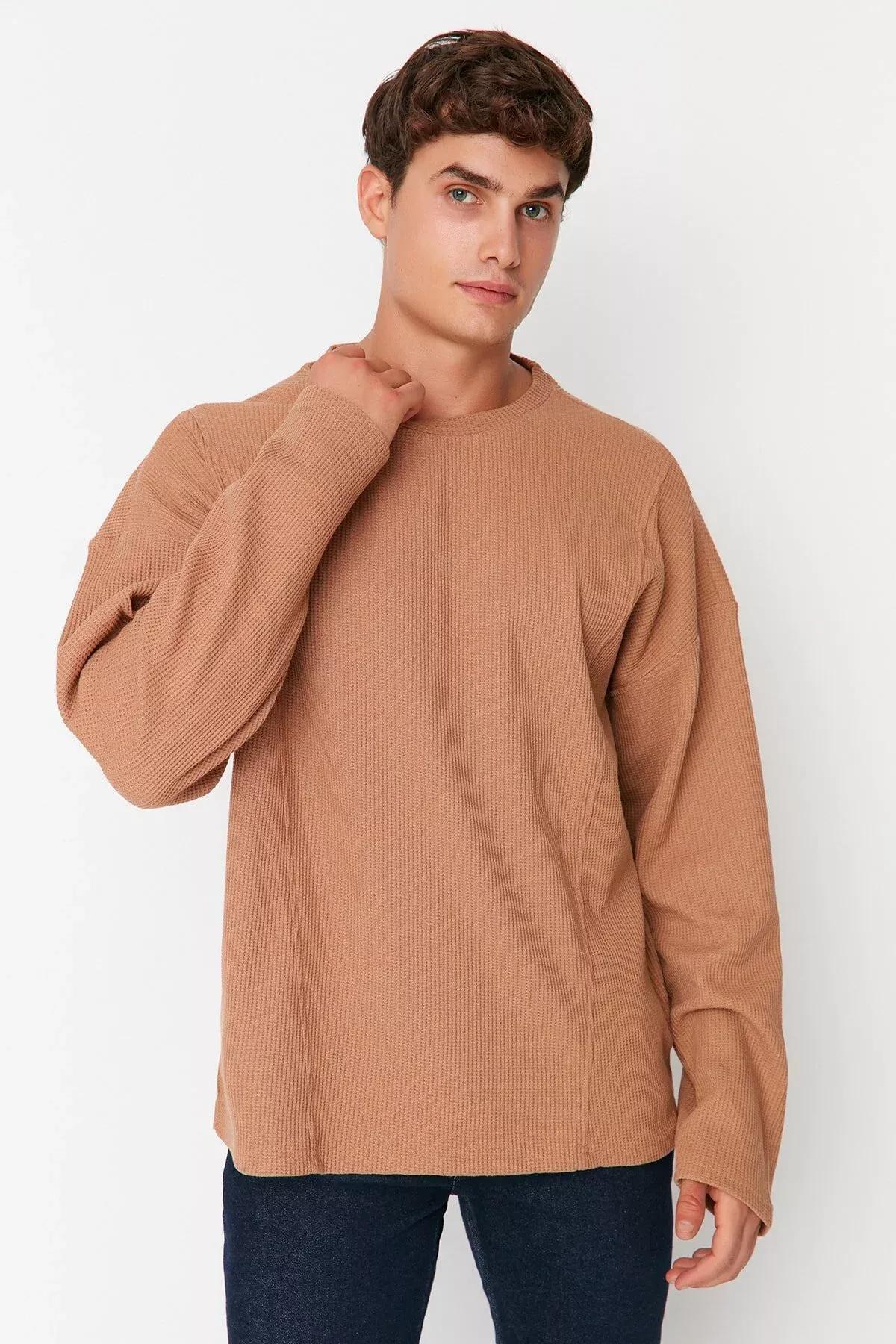 Brown Long Crew Neck T-Shirt, , large image number 7