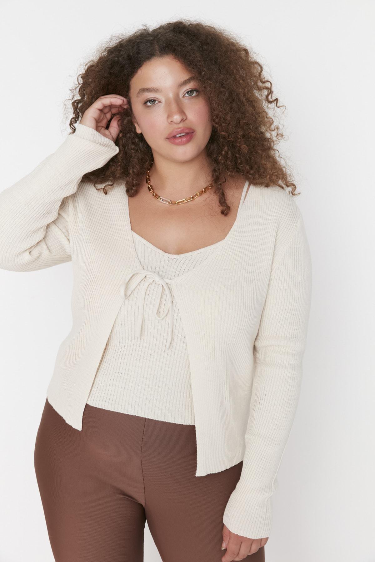 Trendyol - Beige Long Plus Size Cardigan