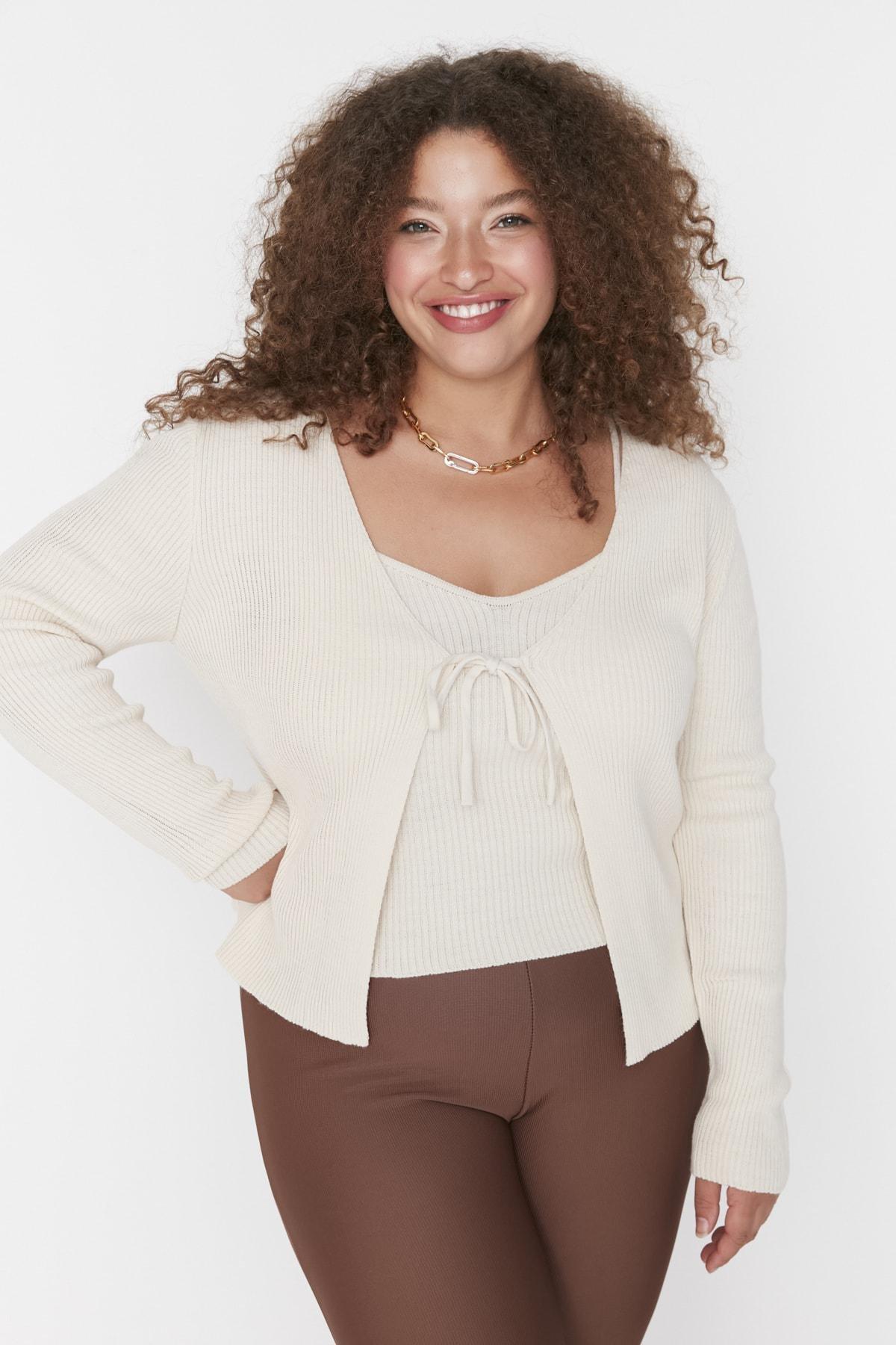 Trendyol - Beige Long Plus Size Cardigan