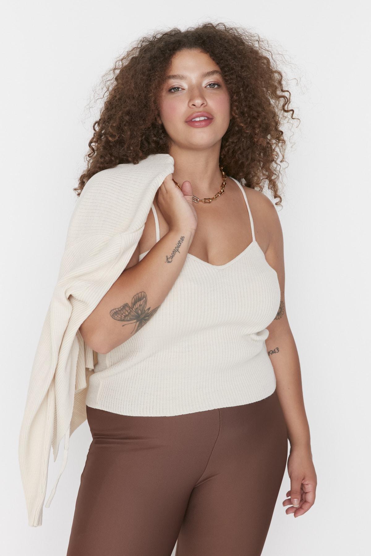 Trendyol - Beige Long Plus Size Cardigan