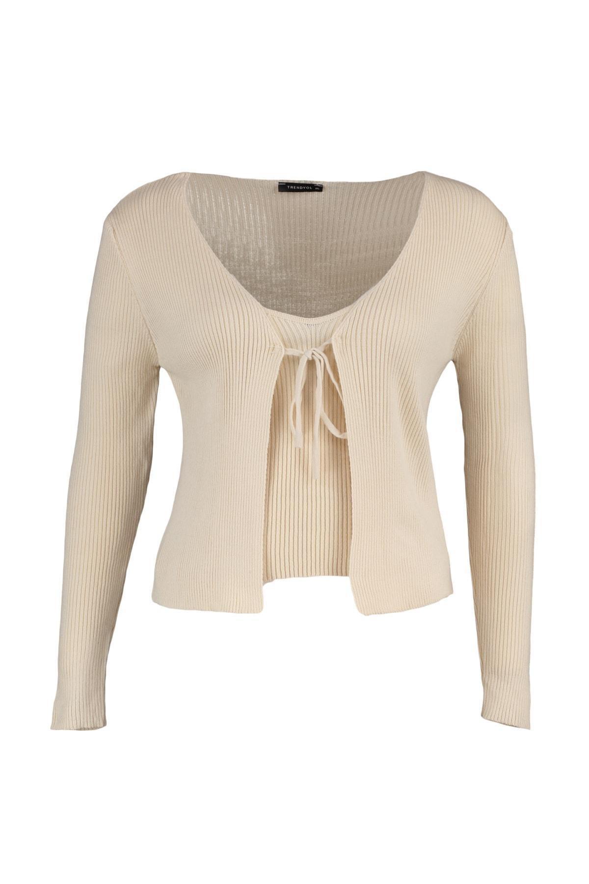 Trendyol - Beige Long Plus Size Cardigan