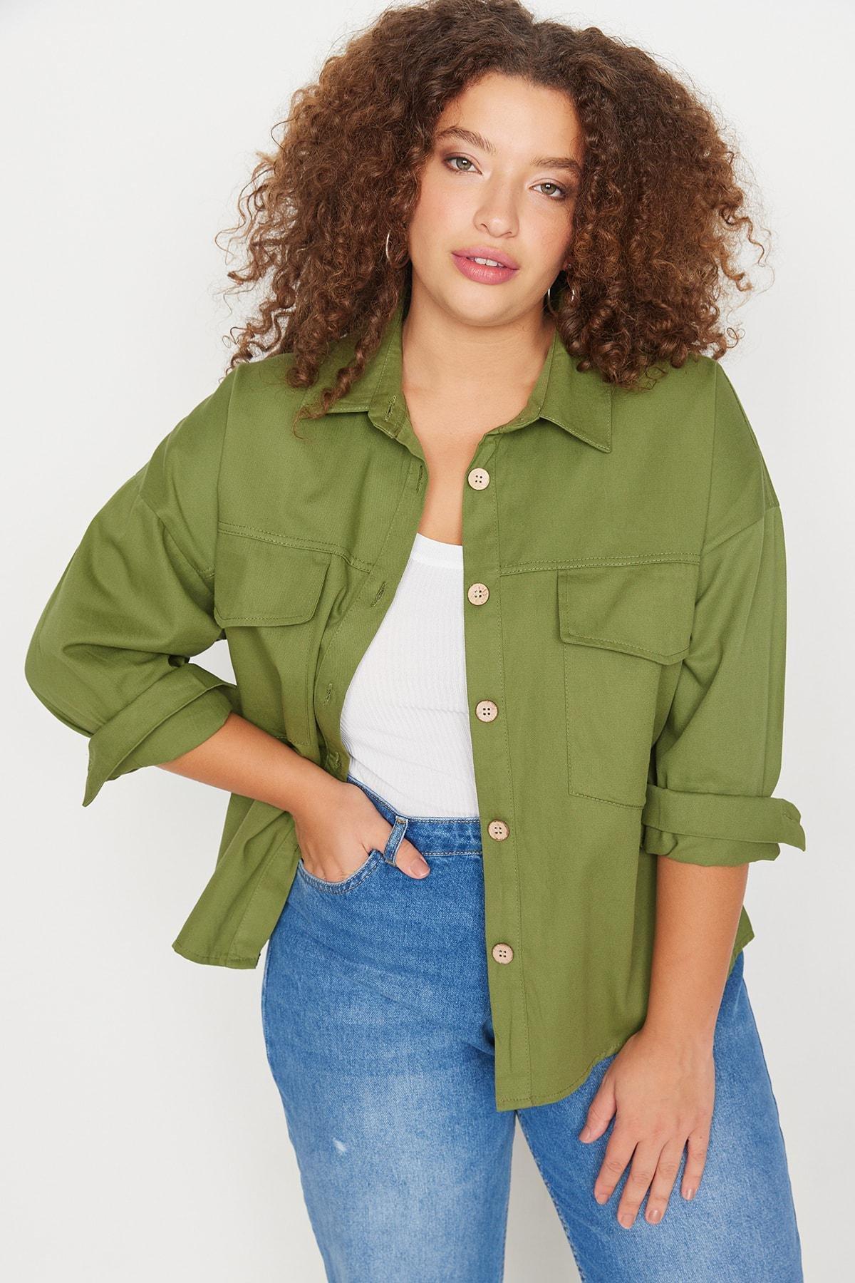Khaki Lapel Collar Plus Size Shirt, , large image number 0