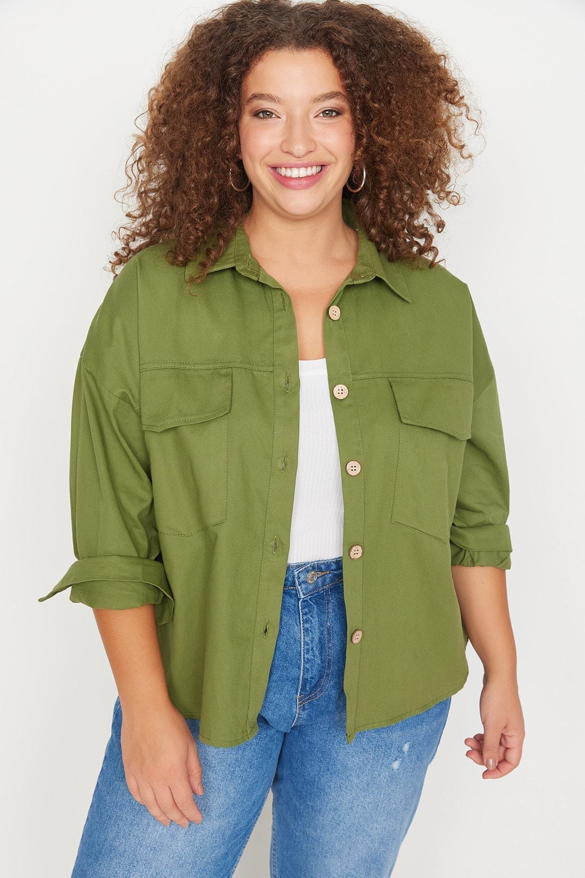 Khaki Lapel Collar Plus Size Shirt, , large image number 1