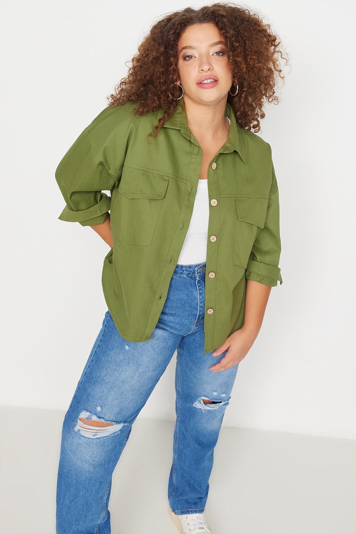 Khaki Lapel Collar Plus Size Shirt, , large image number 3
