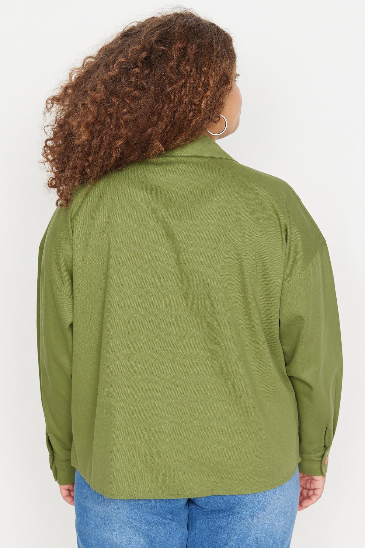 Khaki Lapel Collar Plus Size Shirt, , large image number 4