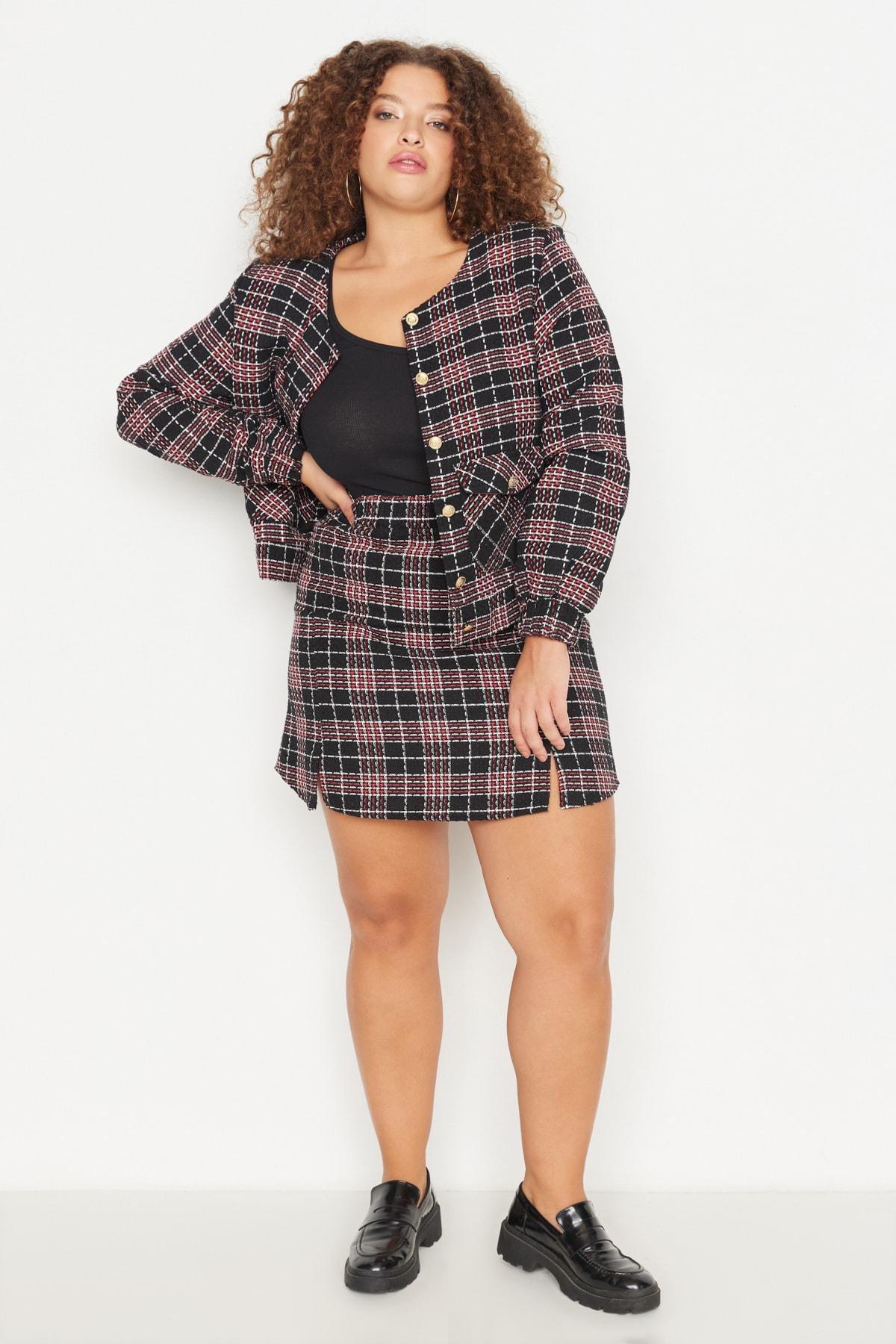 Multicolour Plaid Plus Size Pleated Skirt, Multicolor, large image number 1