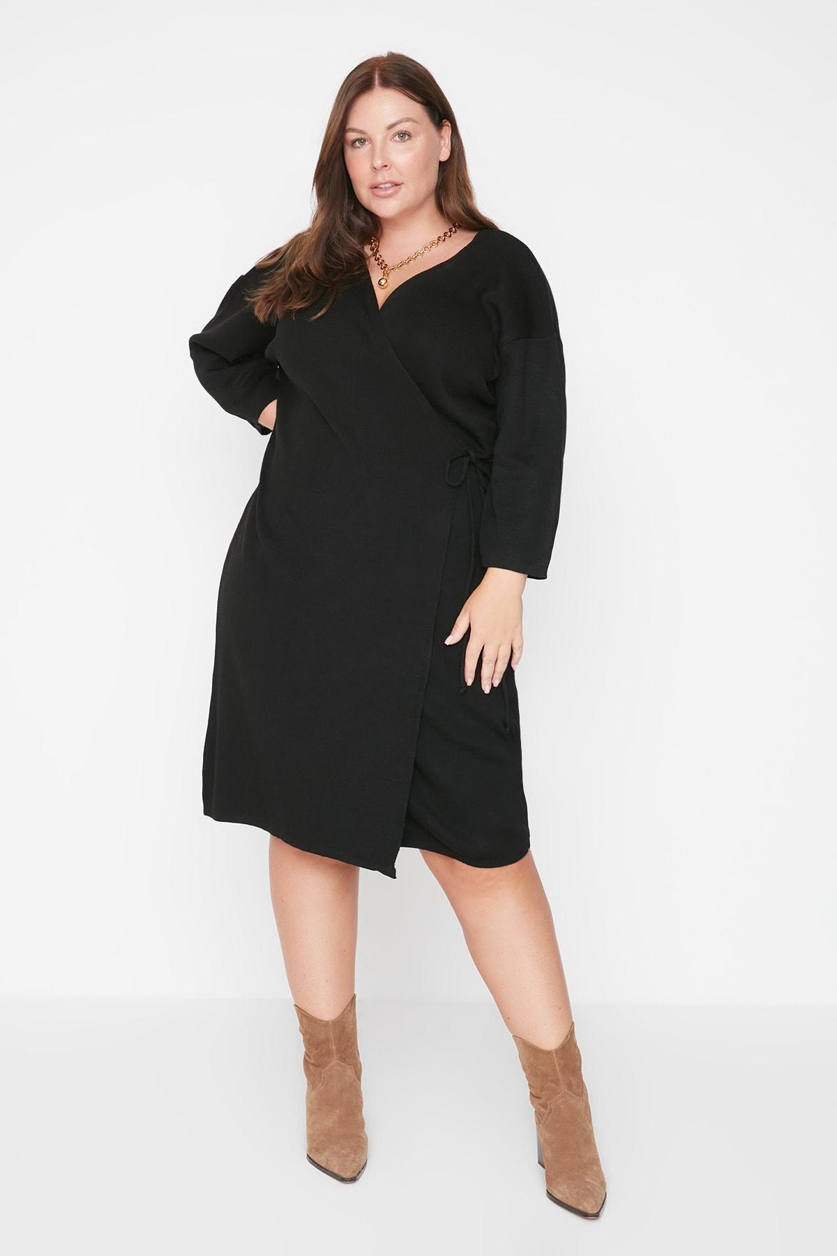 Trendyol - Black Wrapover V-Neck Plus Size Dress