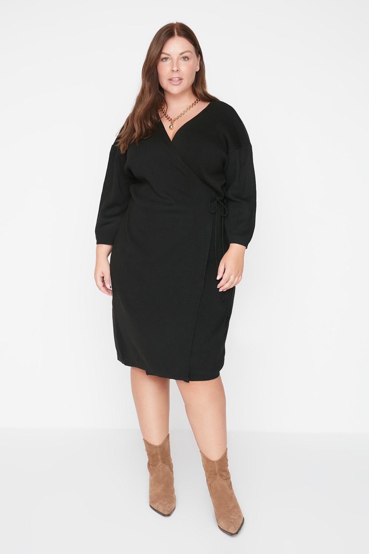 Black Wrapover V-Neck Plus Size Dress, , large image number 1