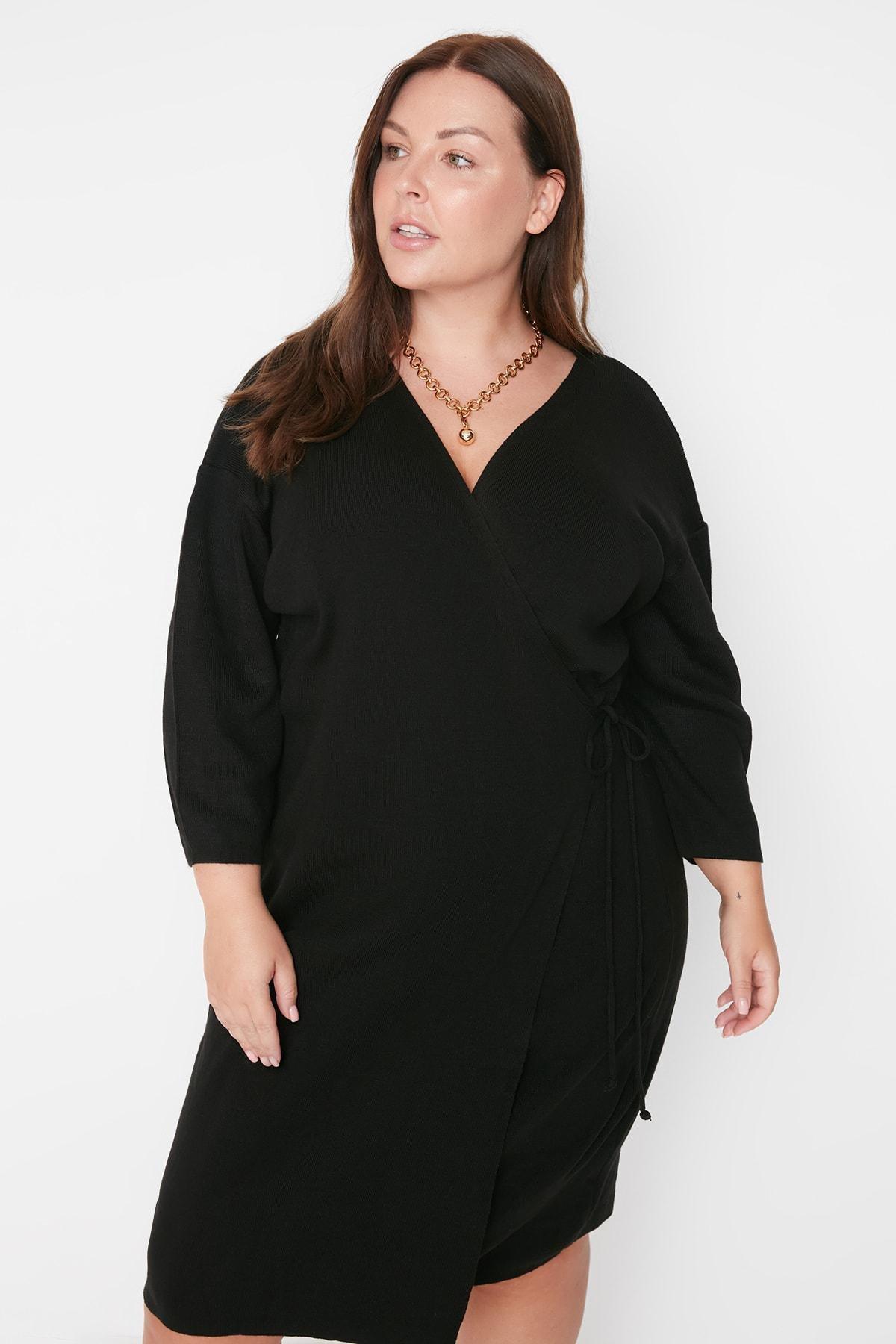 Trendyol - Black Wrapover V-Neck Plus Size Dress