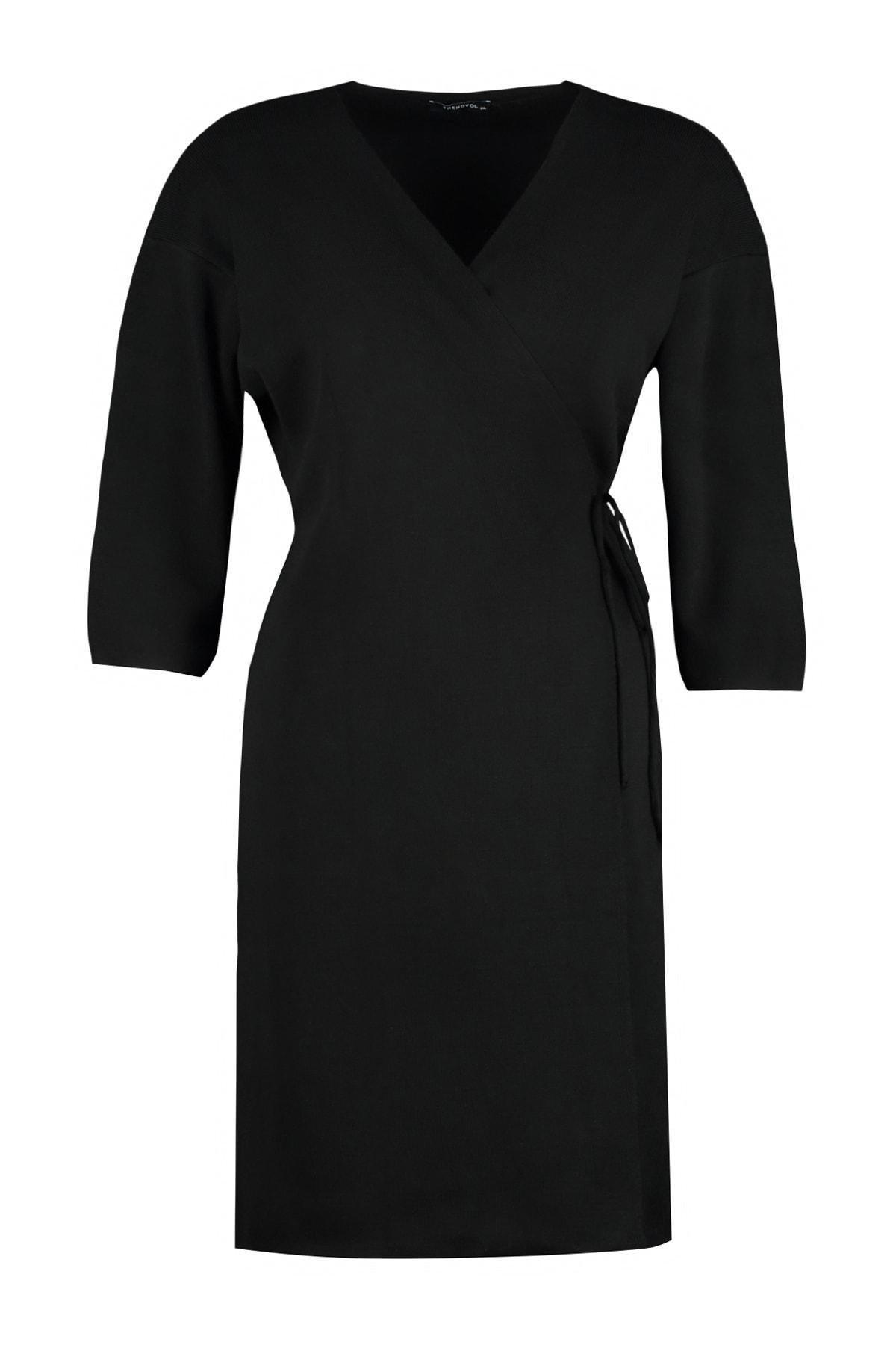 Black Wrapover V-Neck Plus Size Dress, , large image number 8