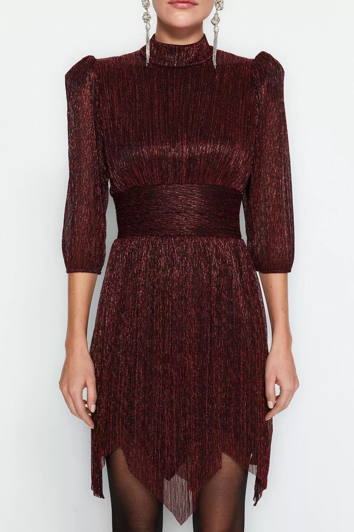 Burgundy Shiny Knitted Short Evening Dress, Burgundy, medium