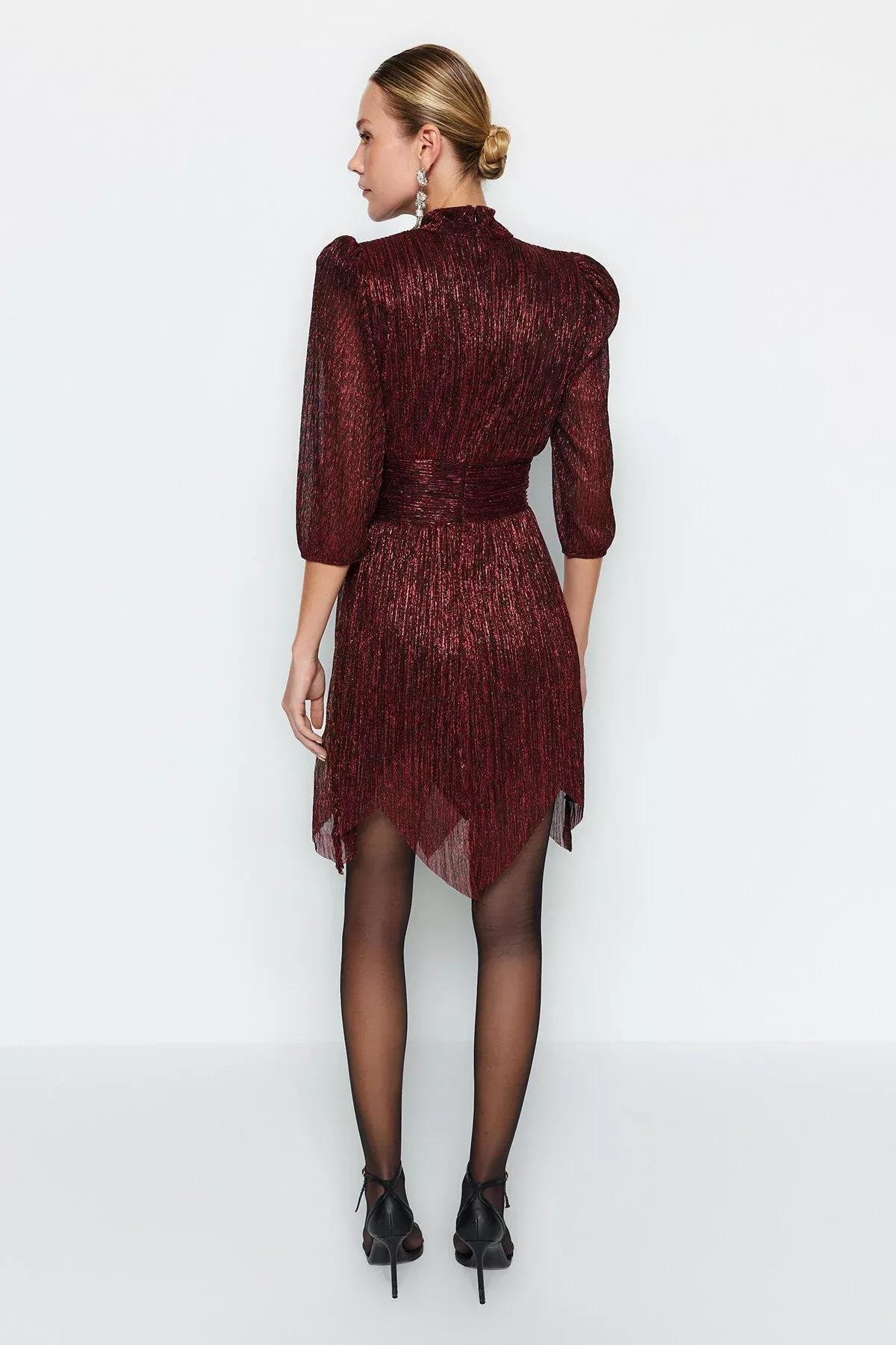Burgundy Shiny Knitted Short Evening Dress, Burgundy, medium