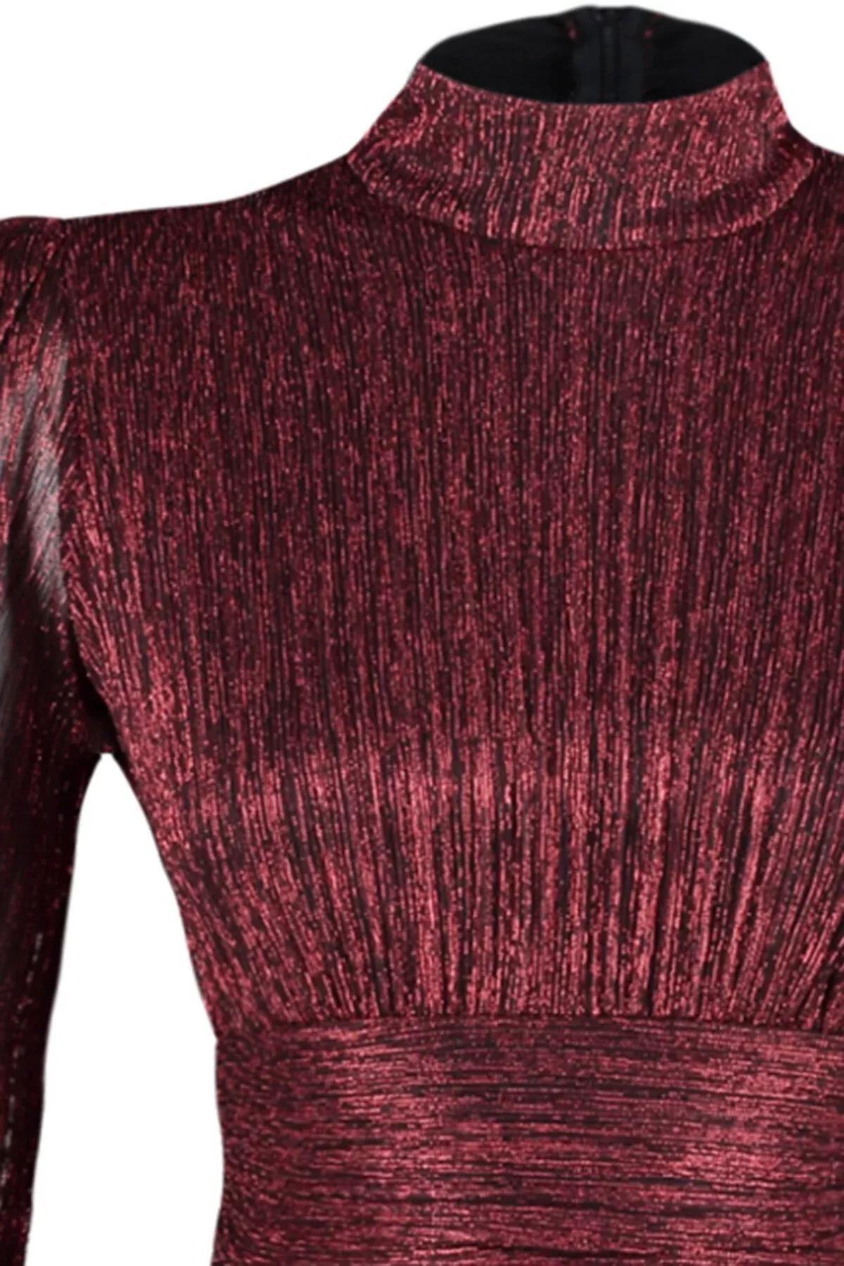 Burgundy Shiny Knitted Short Evening Dress, , large image number 5