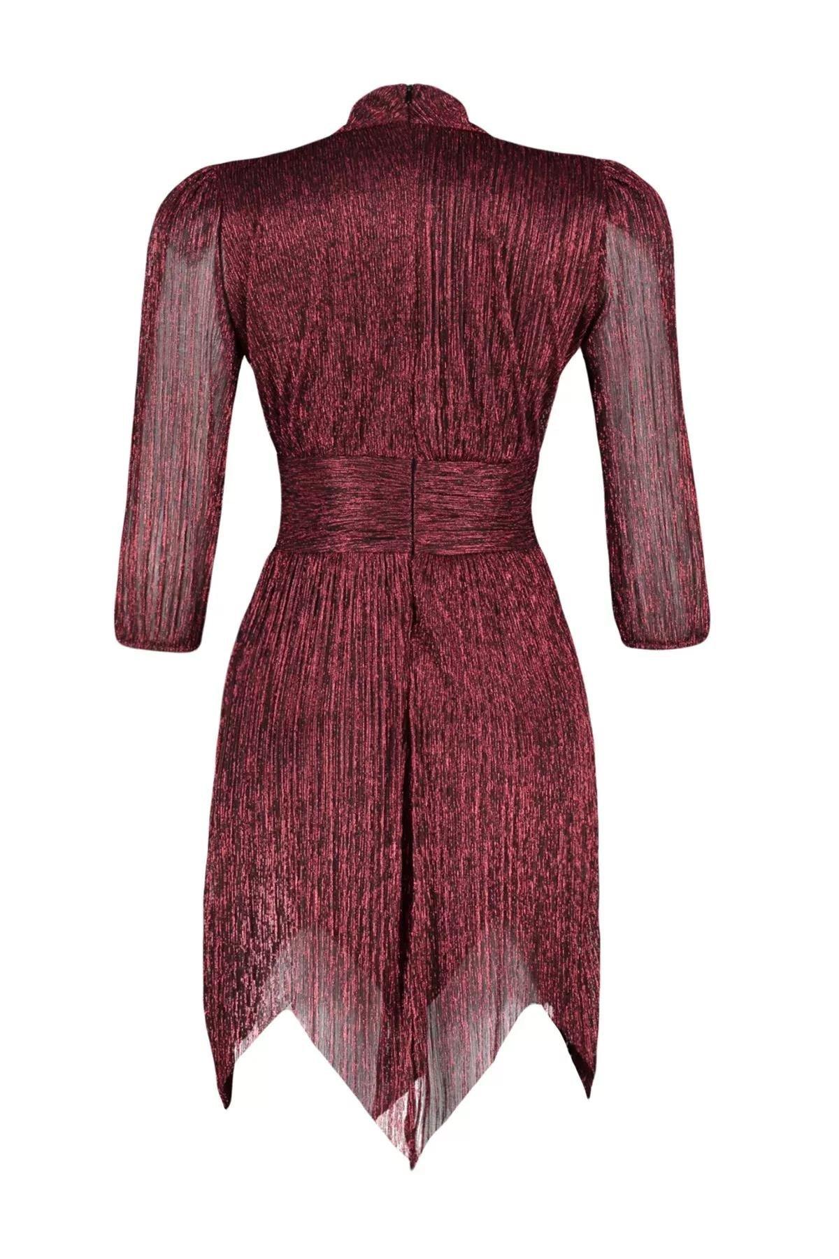Burgundy Shiny Knitted Short Evening Dress, Burgundy, medium