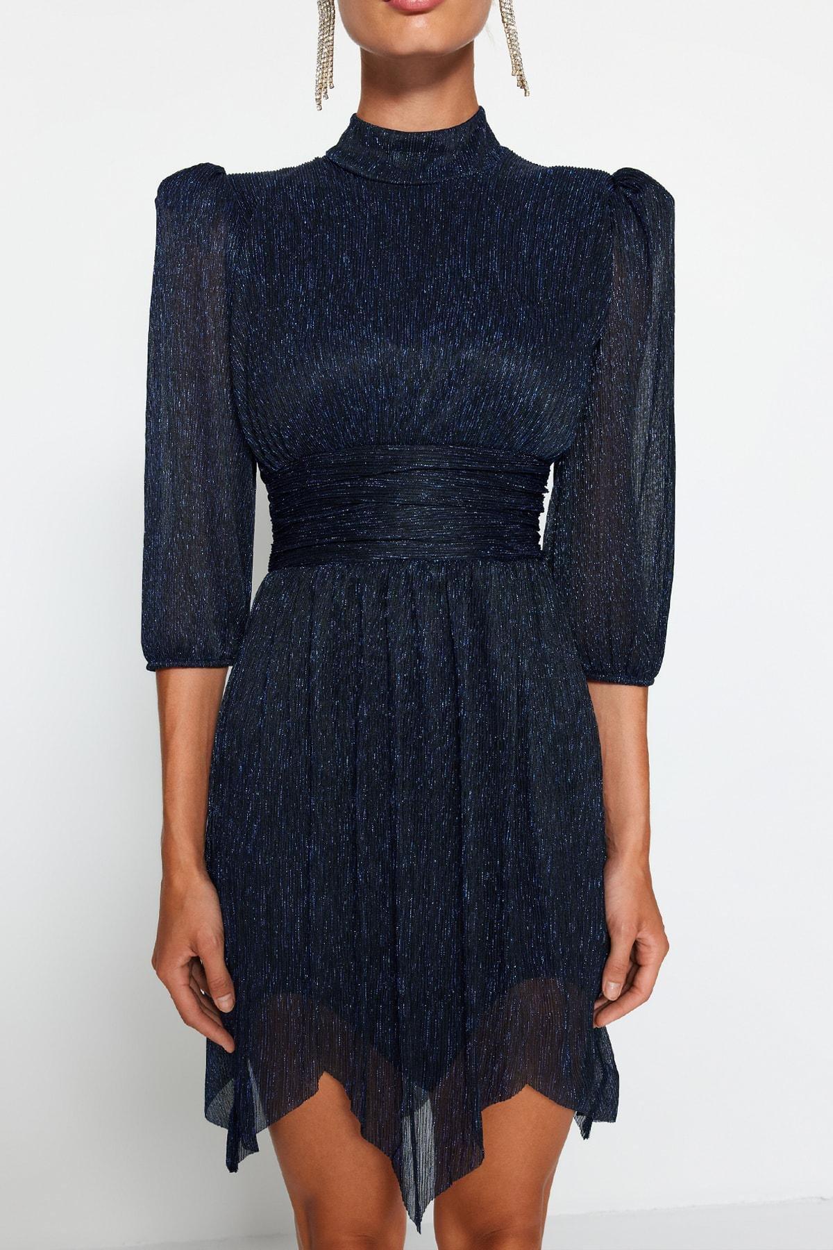 Navy Waisted Shimmery Occasion Wear Dress, , large image number 4