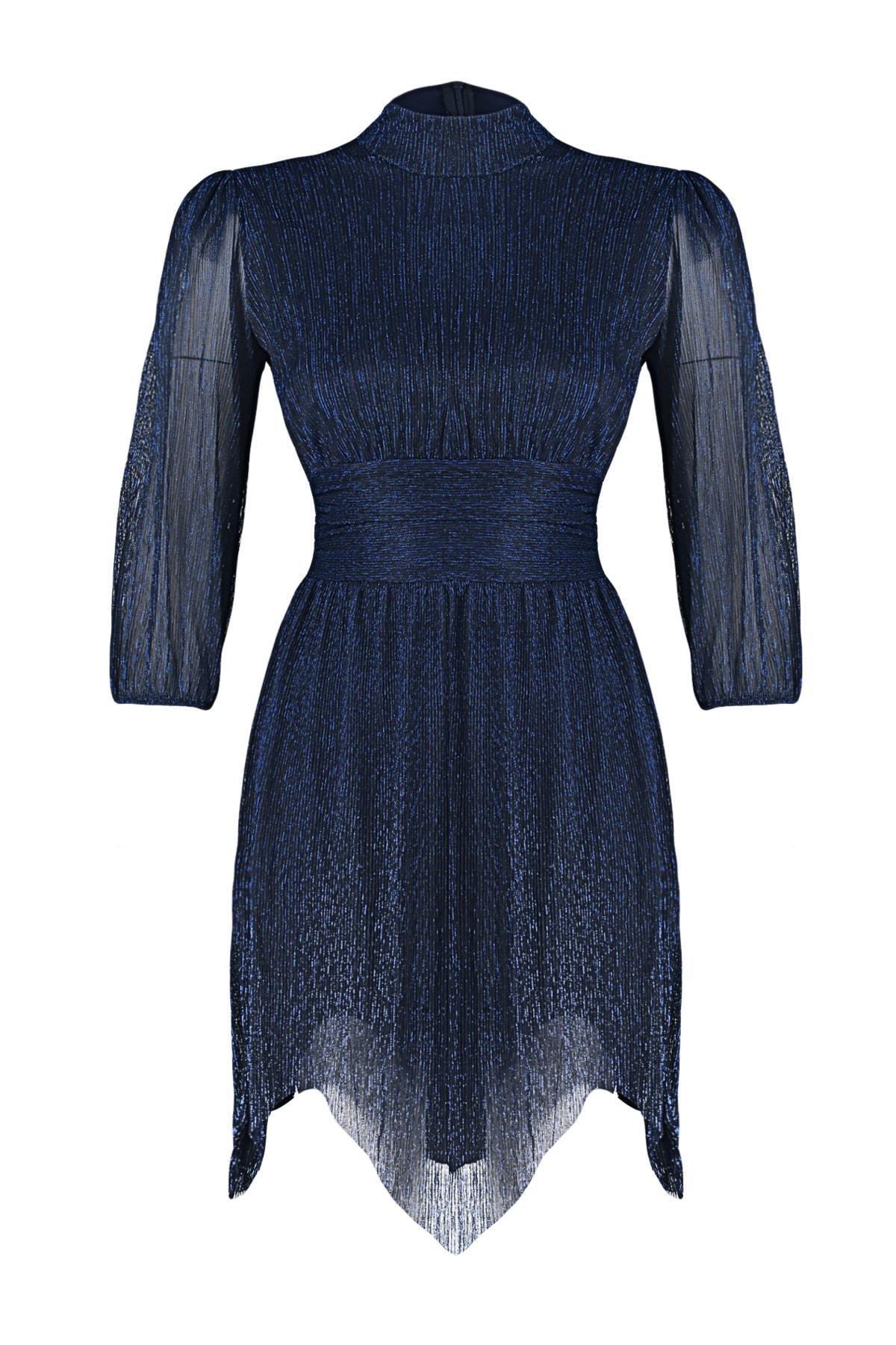 Navy Waisted Shimmery Occasion Wear Dress, , large image number 6