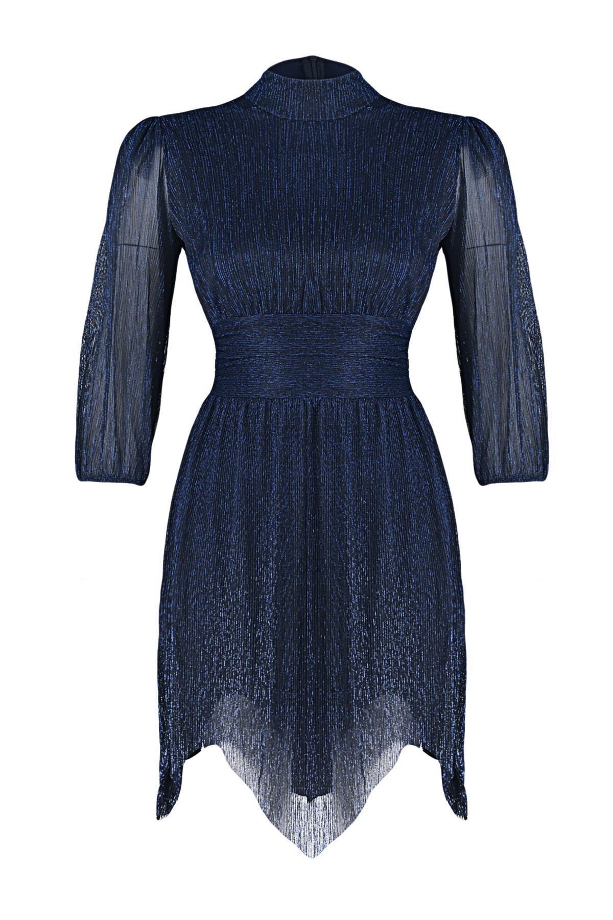 Trendyol - Navy Waisted Shimmery Occasion Wear Dress