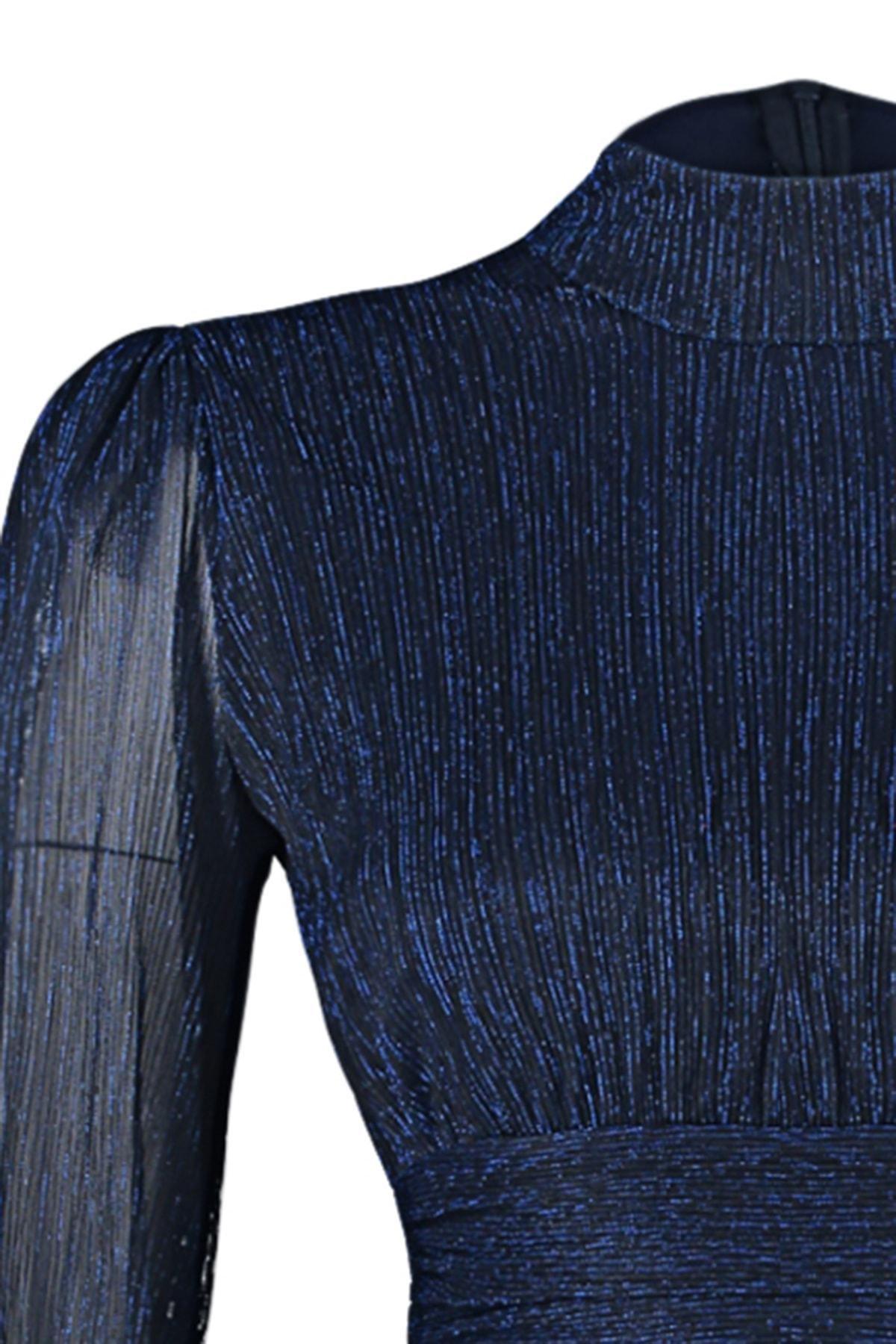 Navy Waisted Shimmery Occasion Wear Dress, , large image number 7