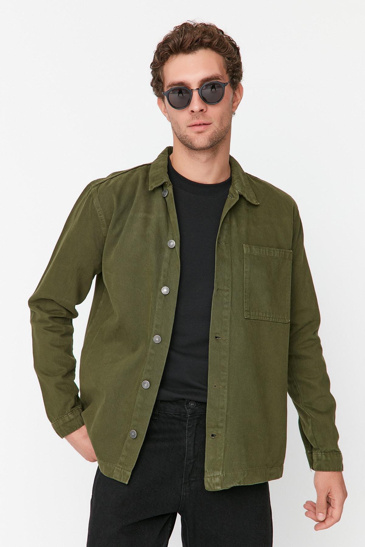 Khaki Cotton Shirt Collar Jacket, , large image number 0