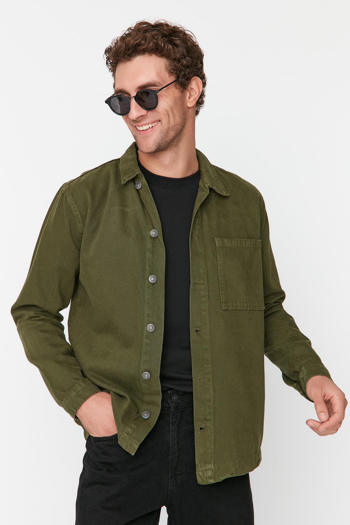 Khaki Cotton Shirt Collar Jacket, , large image number 3