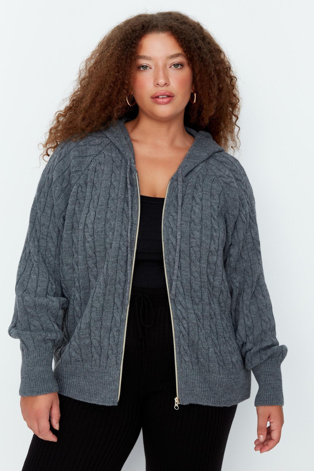 Gray Oversize Hooded Plus Size Cardigan, , large image number 0