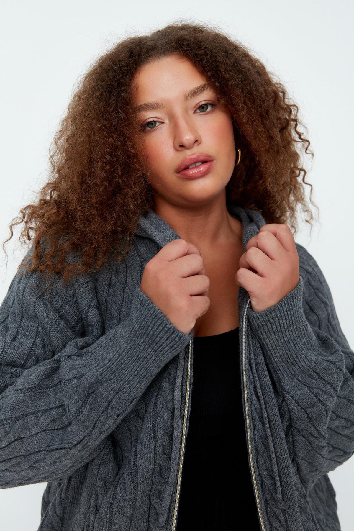 Gray Oversize Hooded Plus Size Cardigan, , large image number 1
