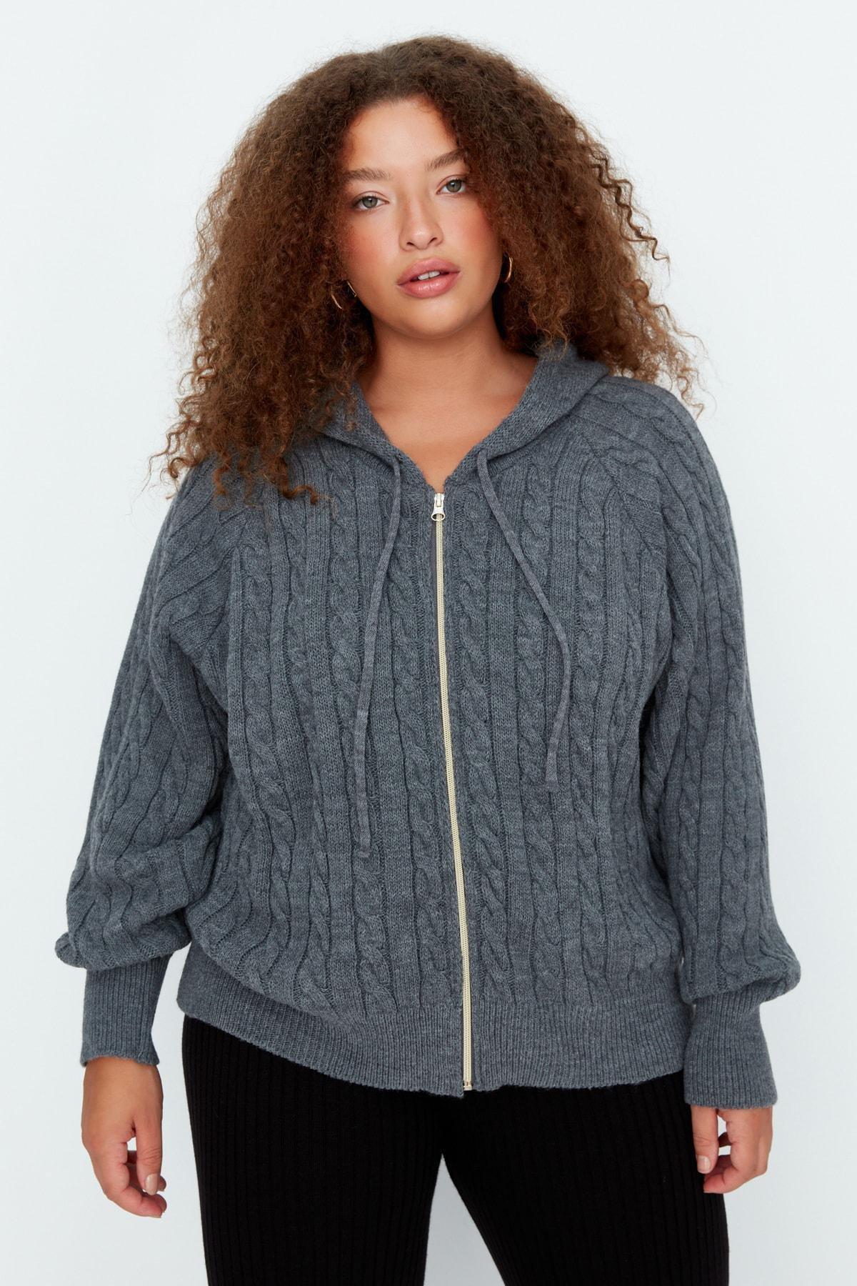 Gray Oversize Hooded Plus Size Cardigan, , large image number 2