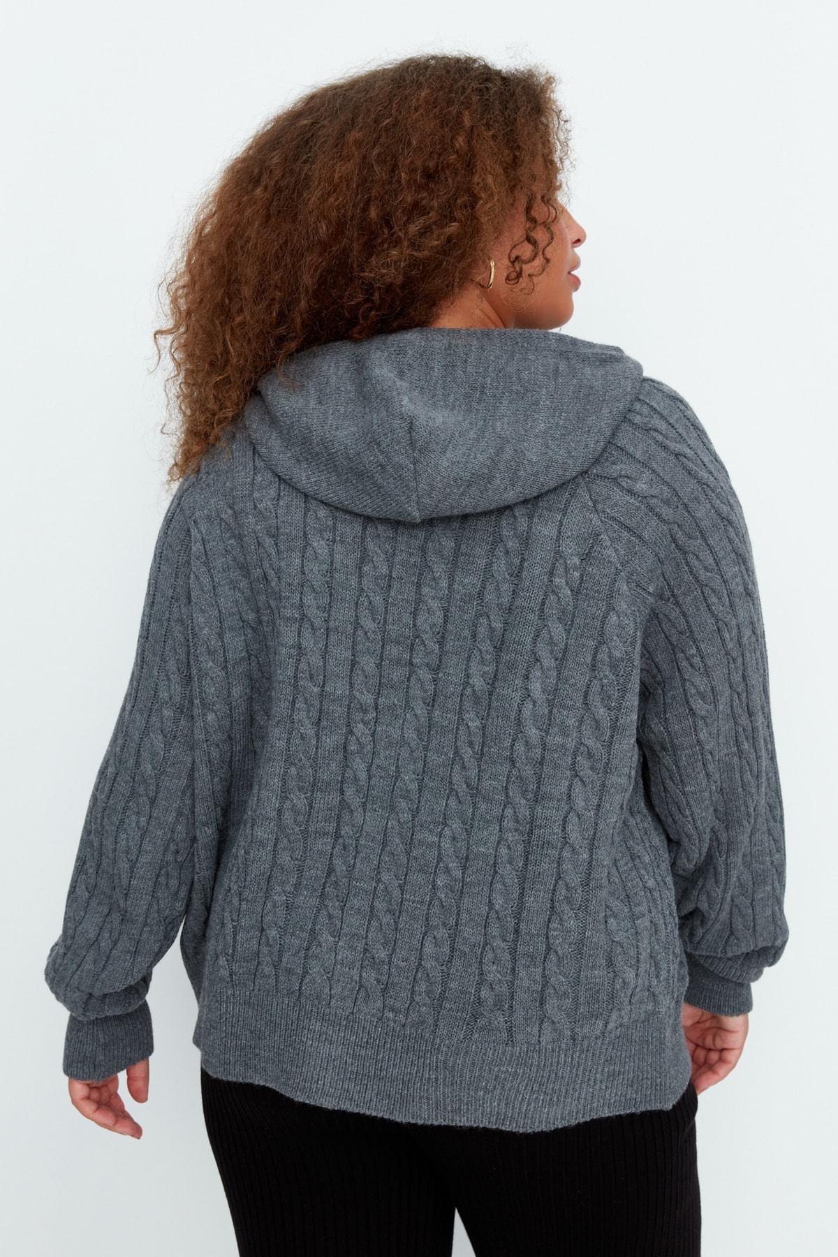 Gray Oversize Hooded Plus Size Cardigan, , large image number 4