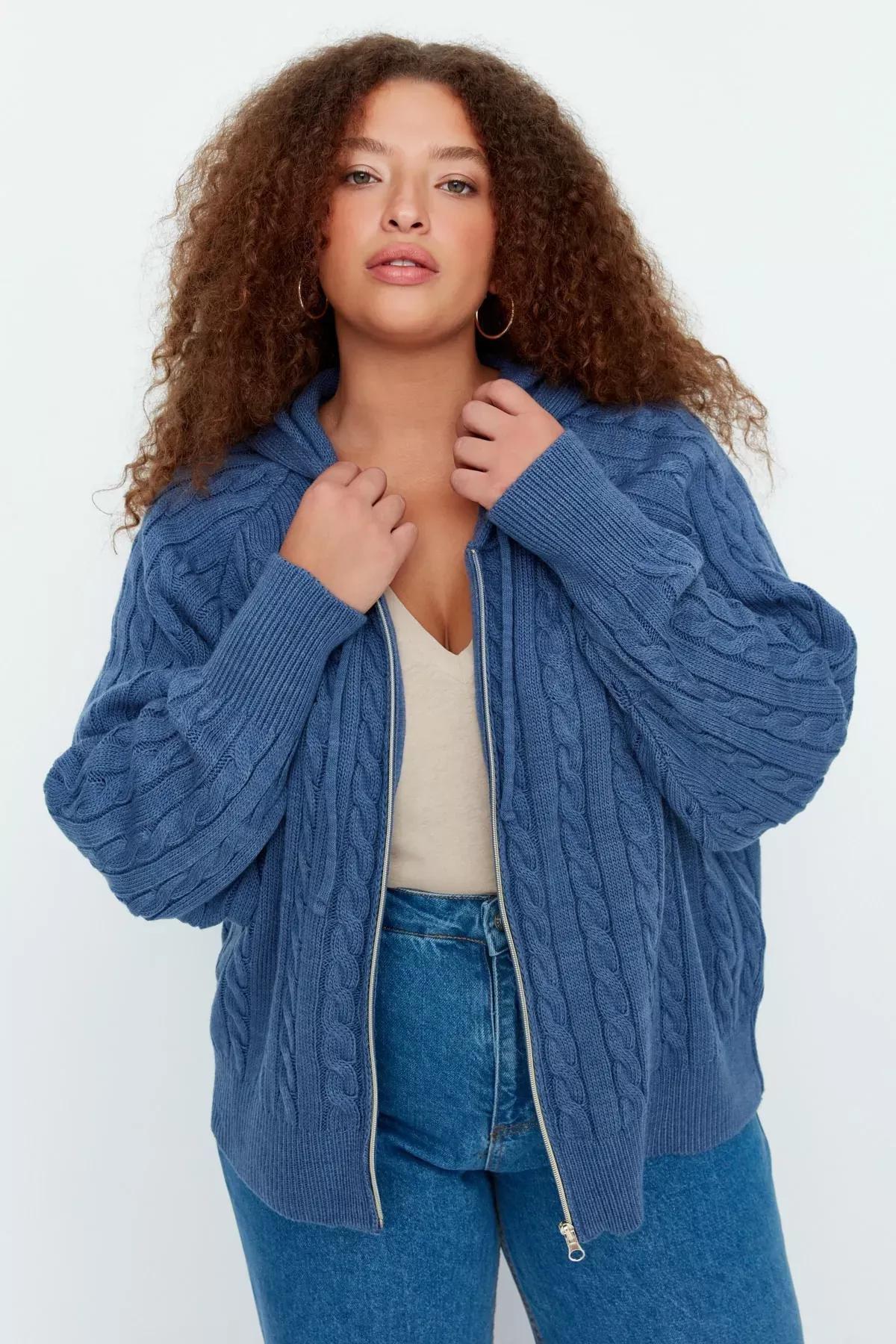 Blue Oversize Hooded Plus Size Cardigan, Blue, medium