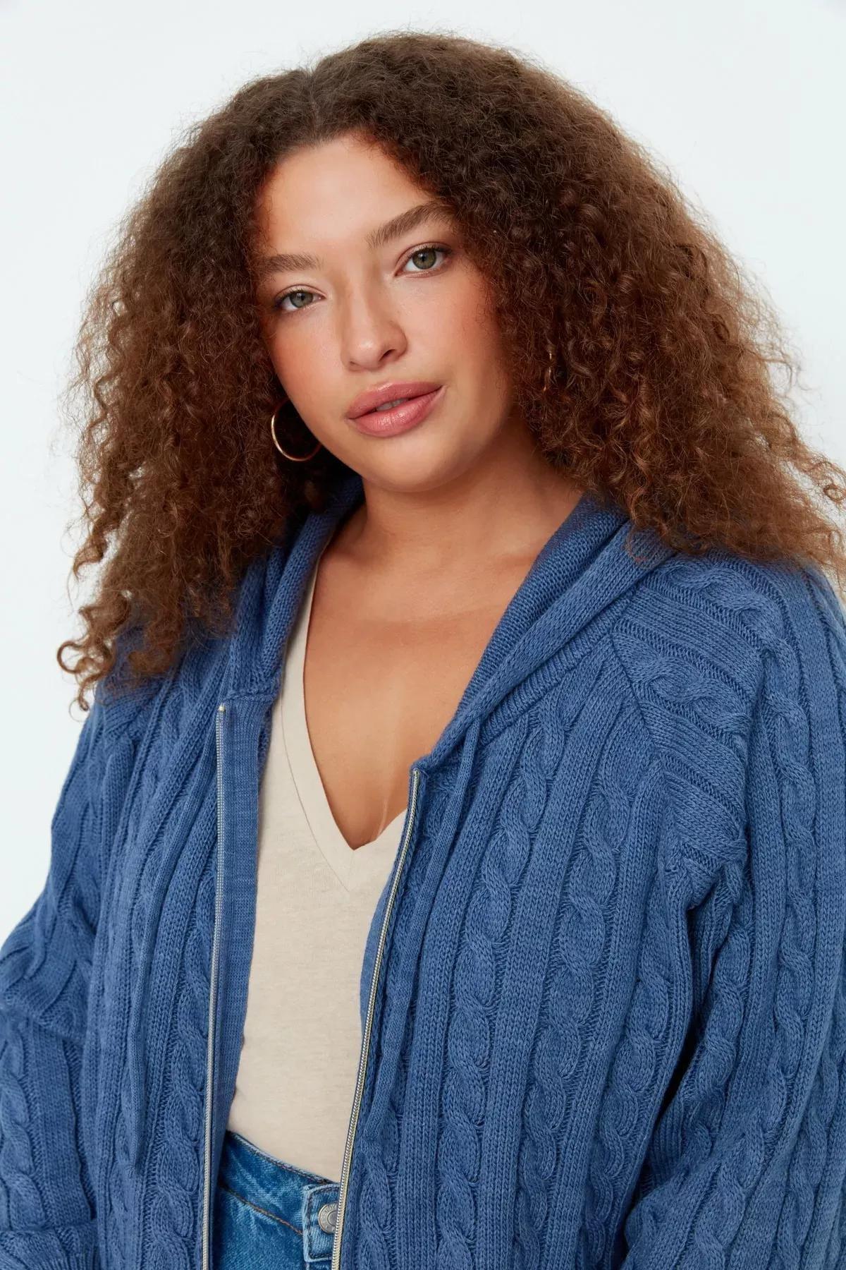 Blue Oversize Hooded Plus Size Cardigan, Blue, medium