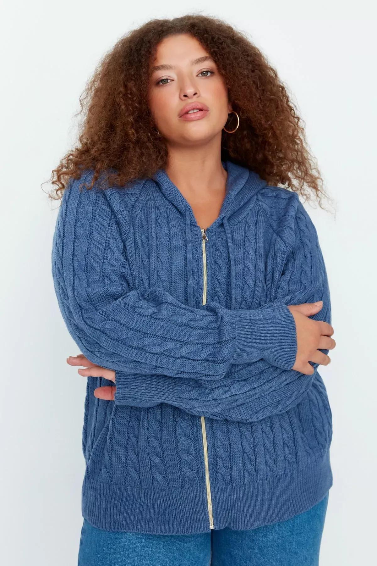 Blue Oversize Hooded Plus Size Cardigan, Blue, medium