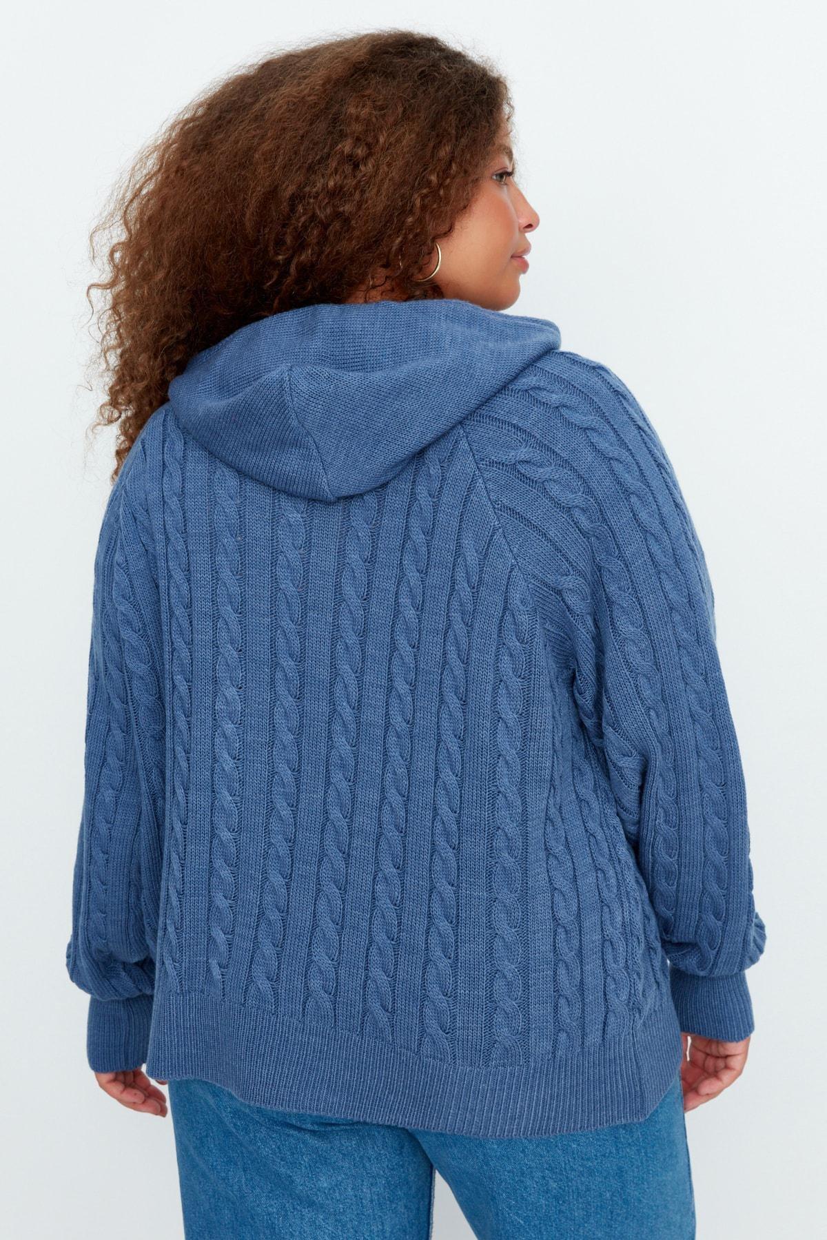 Trendyol - Blue Oversize Hooded Plus Size Cardigan