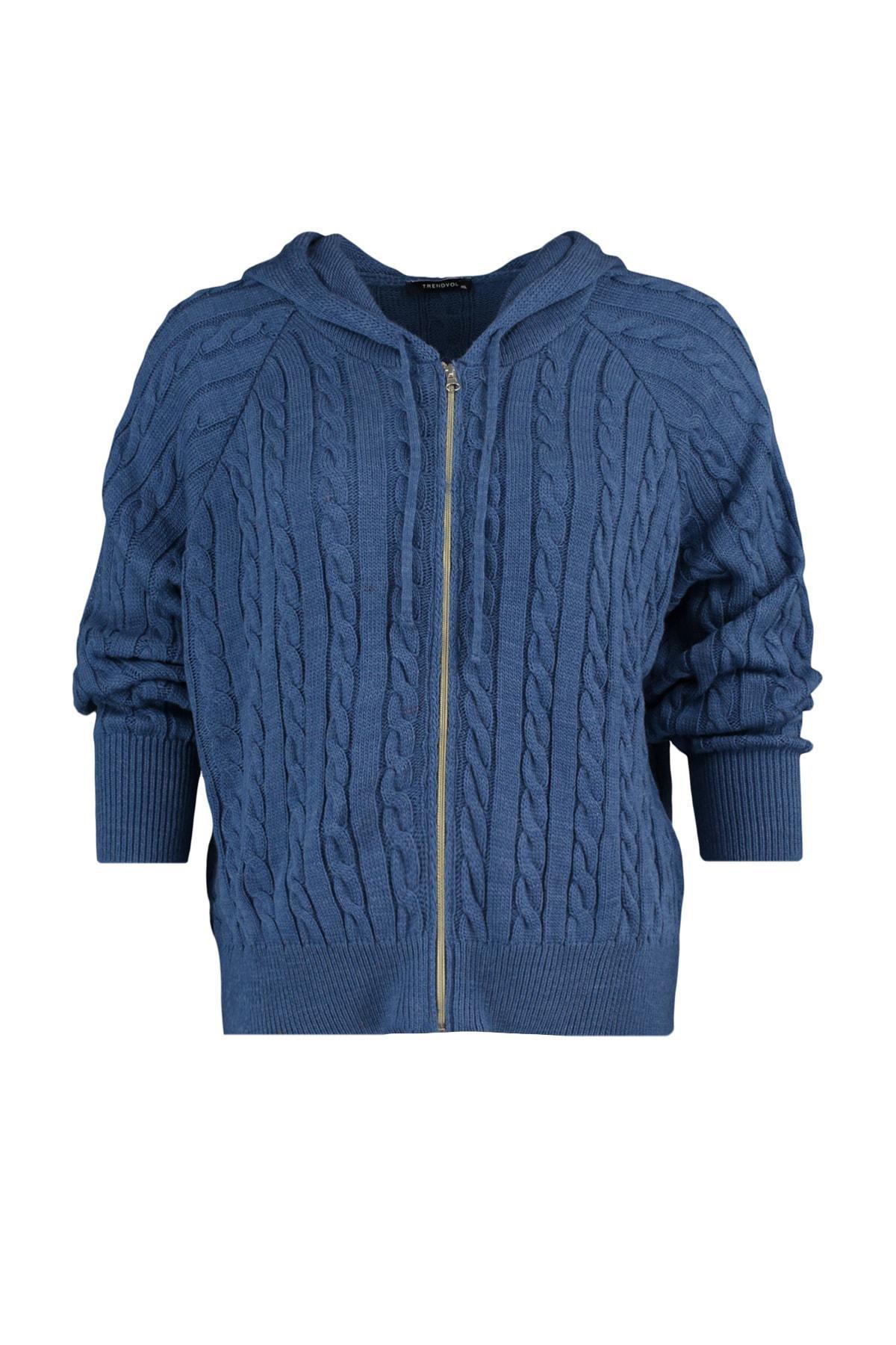 Trendyol - Blue Oversize Hooded Plus Size Cardigan