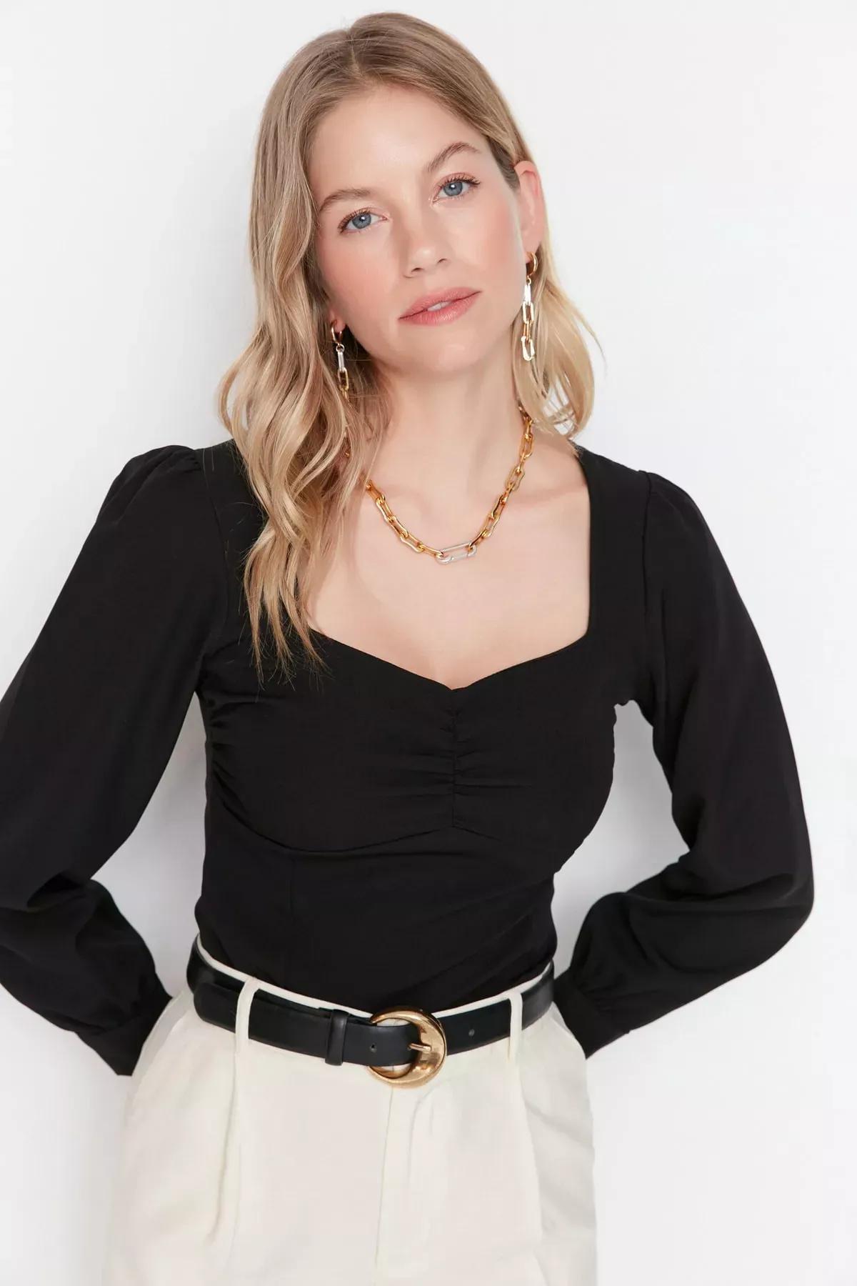 Black Fitted Sweetheart Blouse, Black, medium