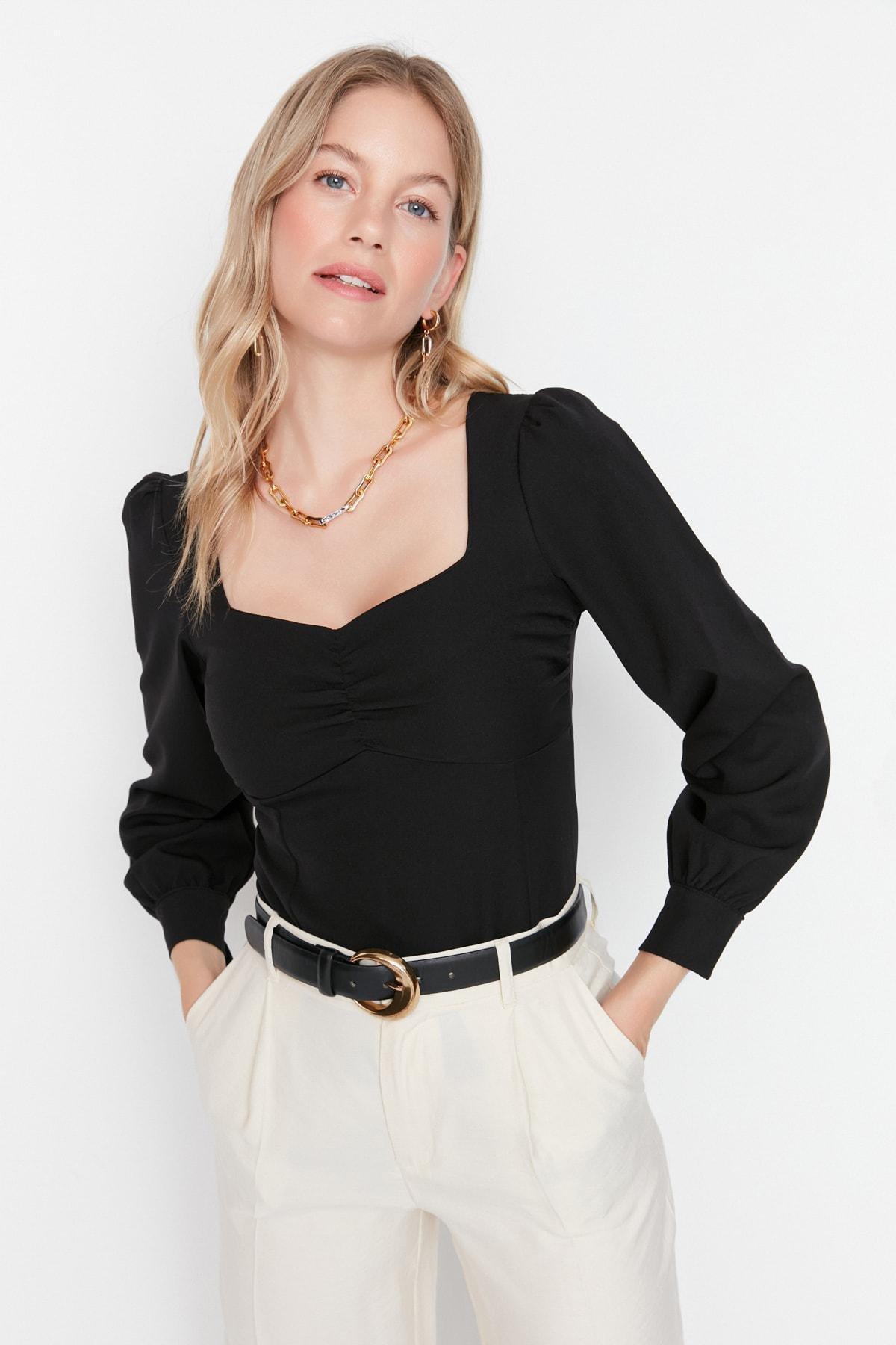Black Fitted Sweetheart Blouse, , large image number 2