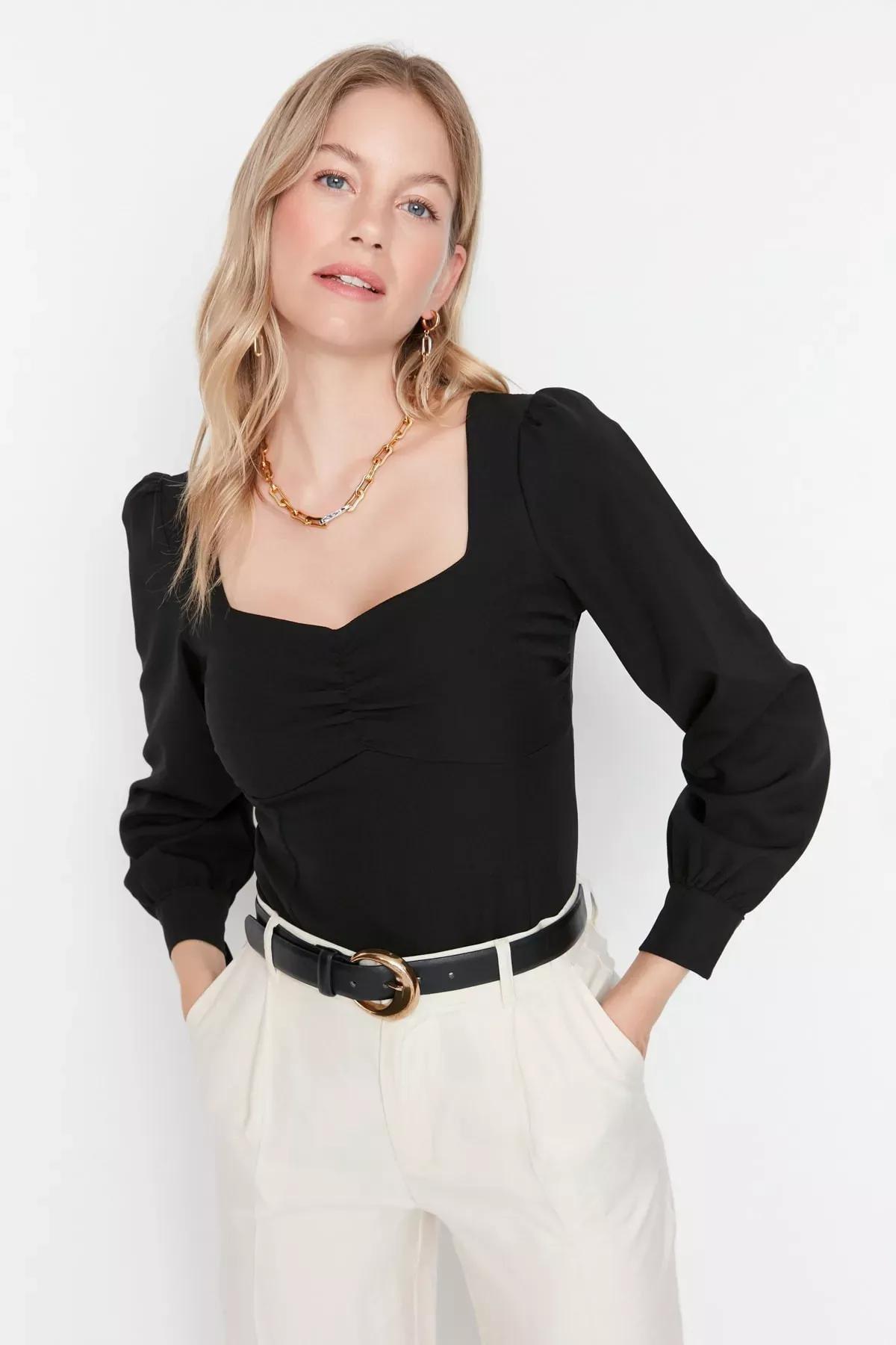 Black Fitted Sweetheart Blouse, Black, medium