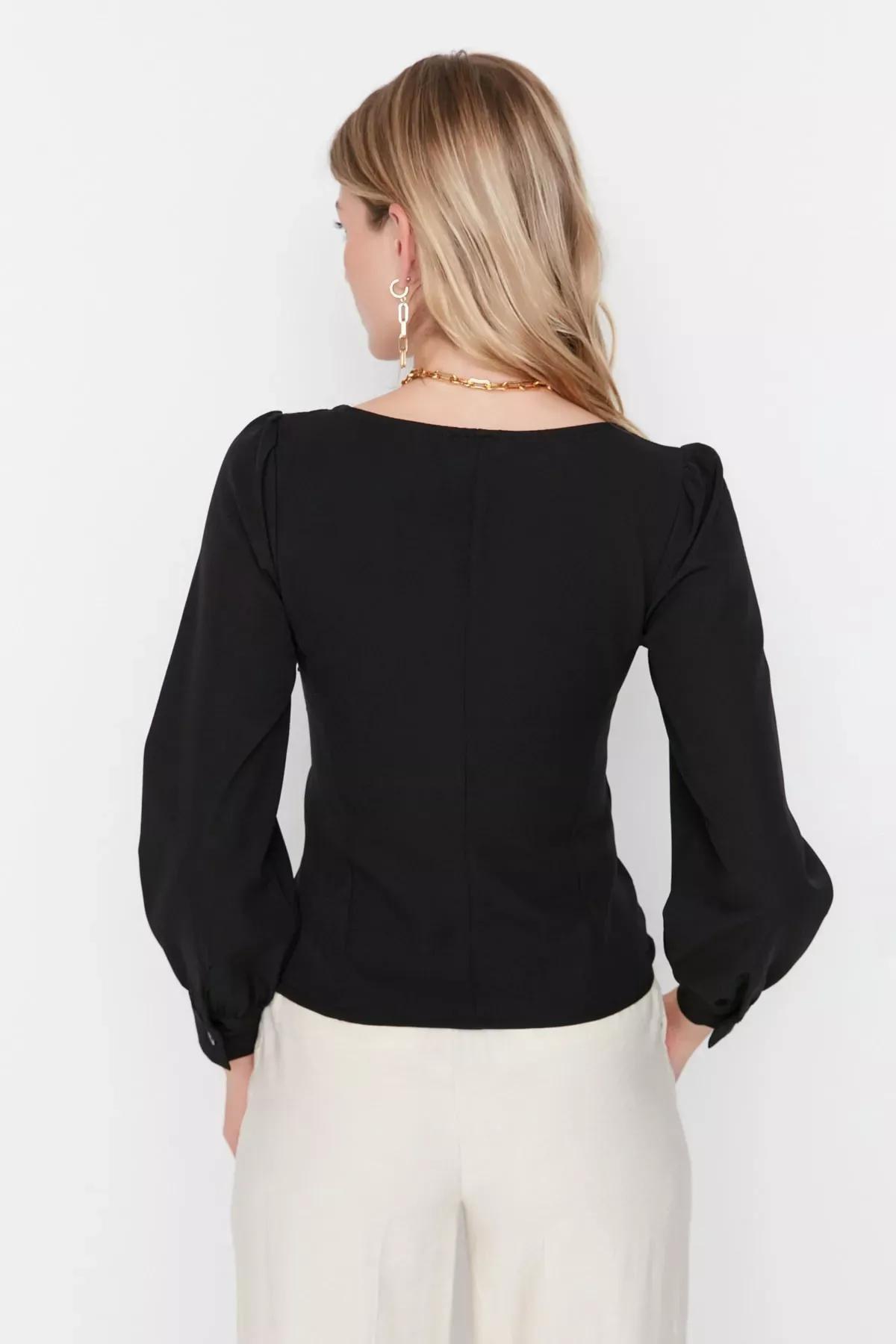 Black Fitted Sweetheart Blouse, Black, large image number 4