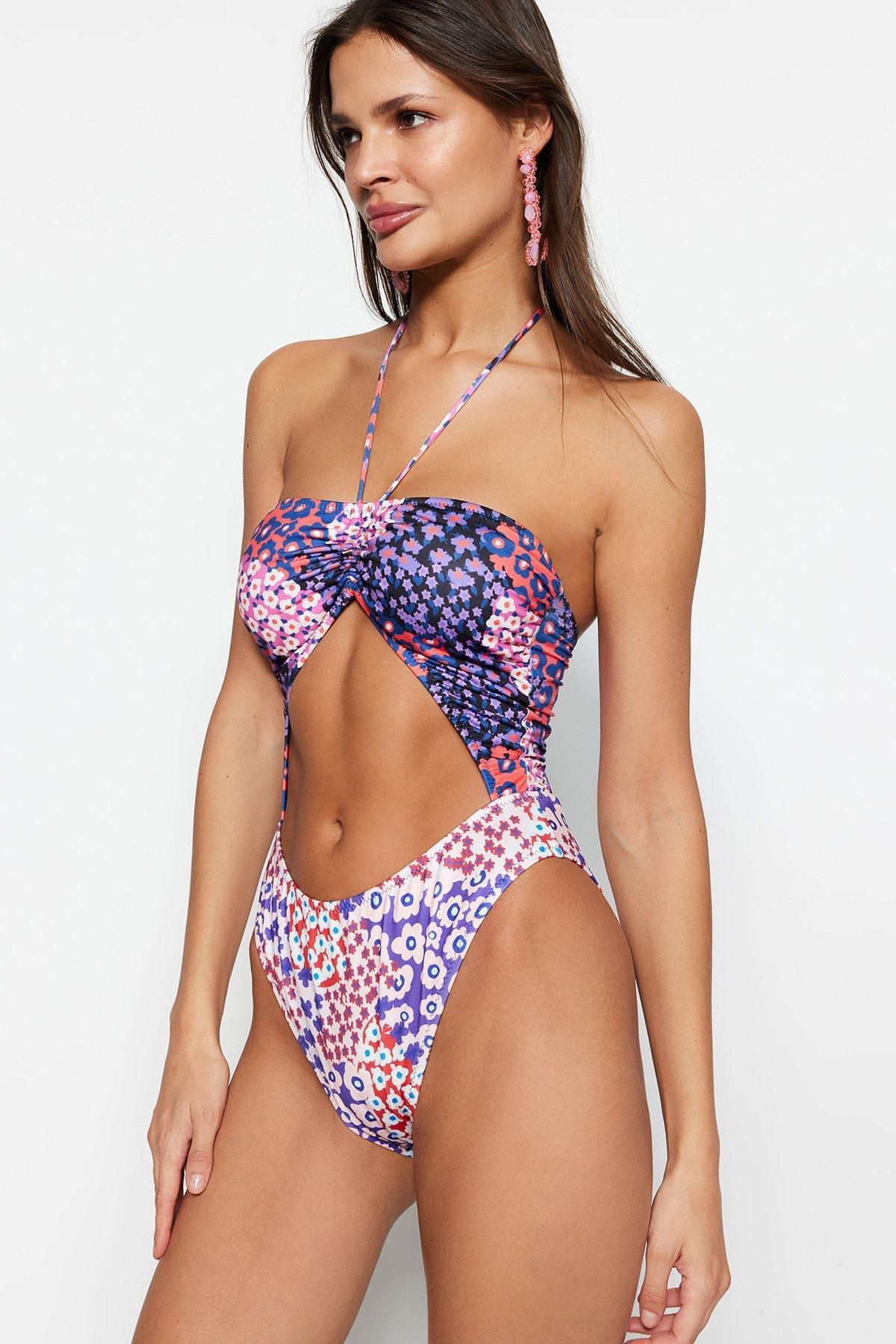 Floral Patterned Cut Out Detailed Swimsuit, , large image number 1