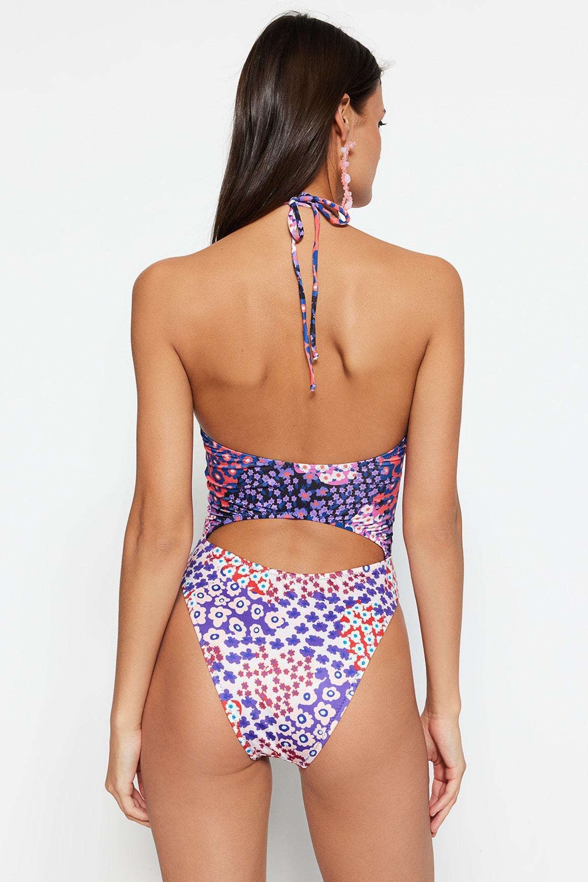 Floral Patterned Cut Out Detailed Swimsuit, , large image number 5