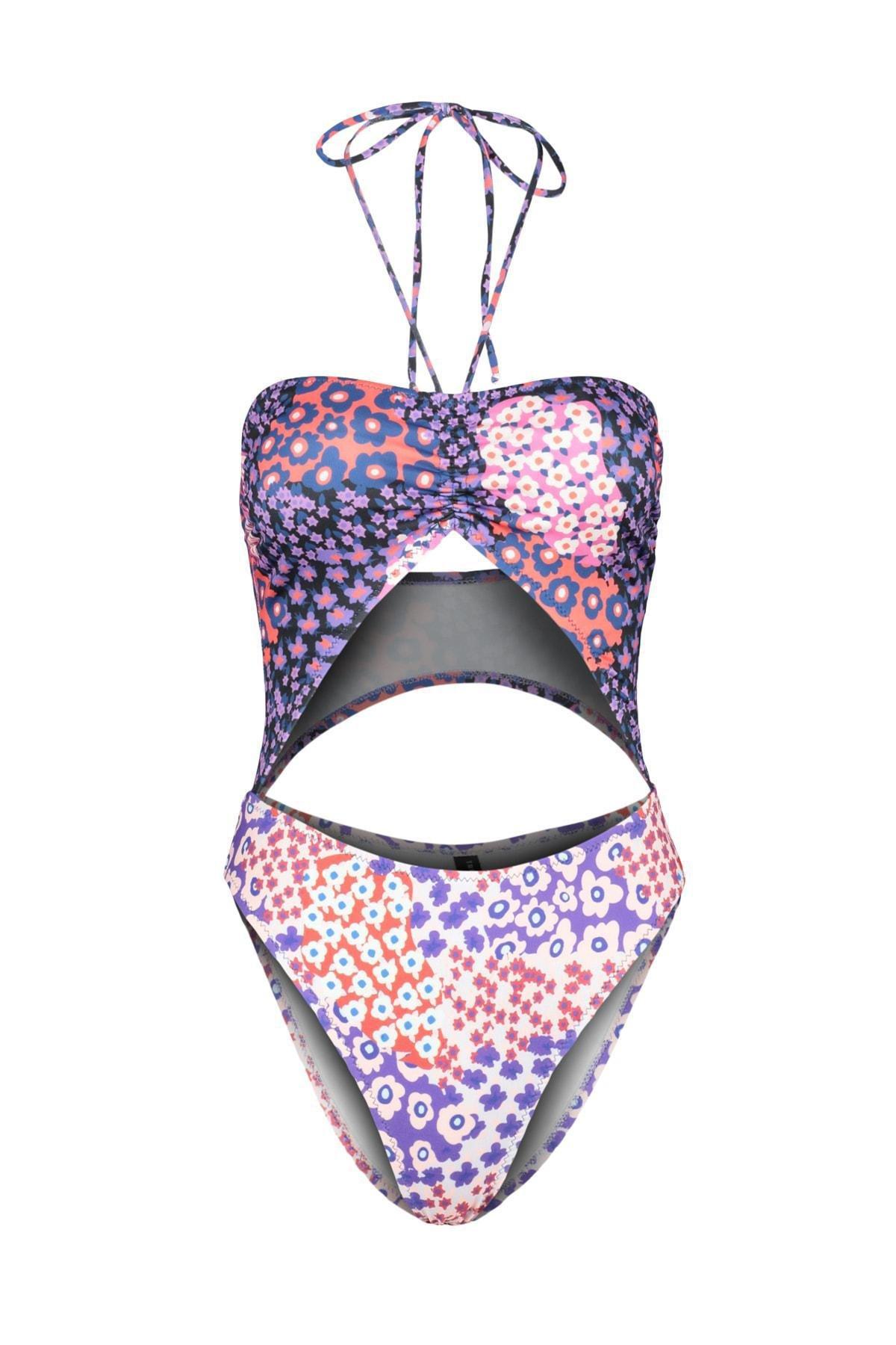 Floral Patterned Cut Out Detailed Swimsuit, , large image number 6