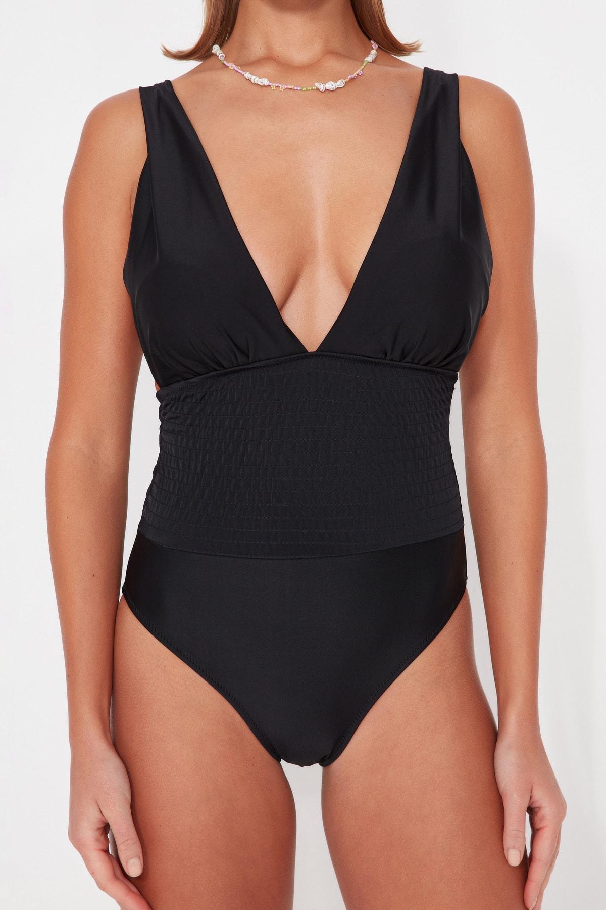 Trendyol - Black Slip Deep-V Swimsuit