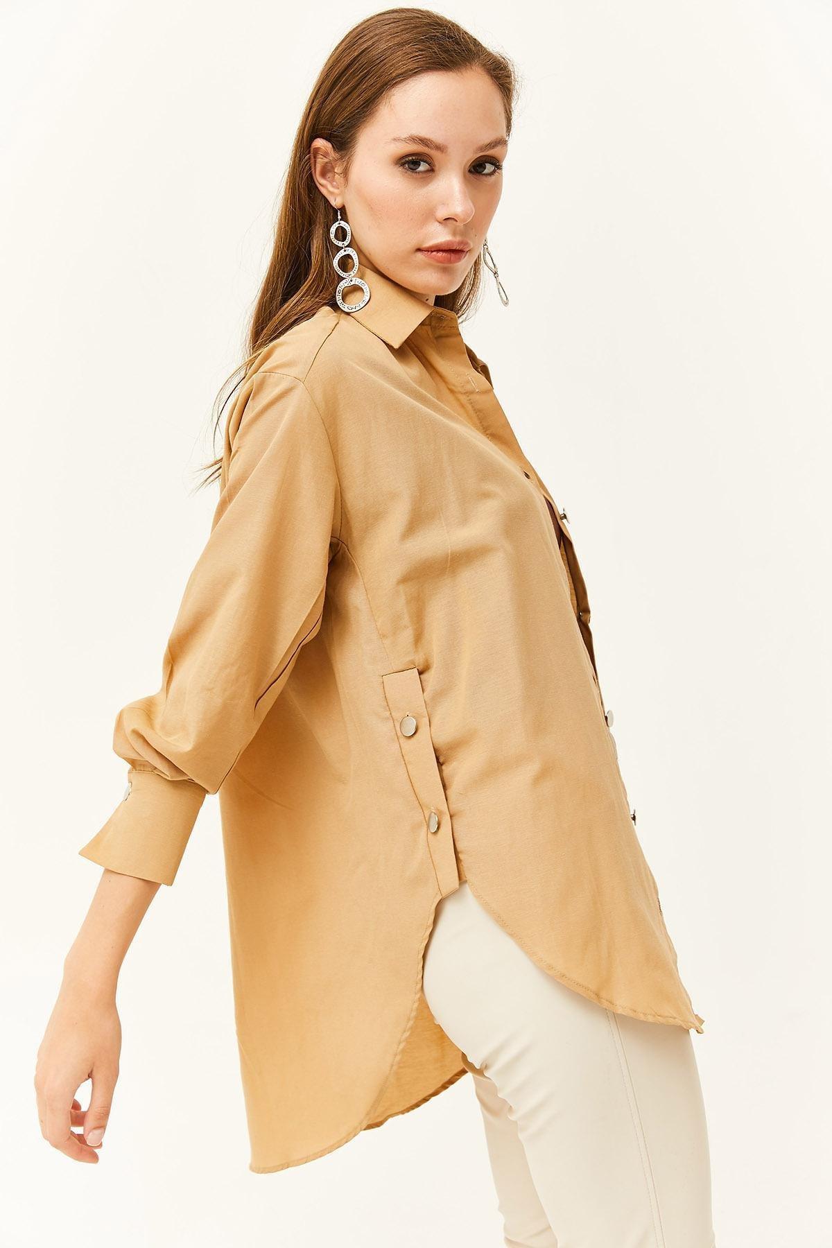 Brown Side Button Oversized Shirt, , large image number 0