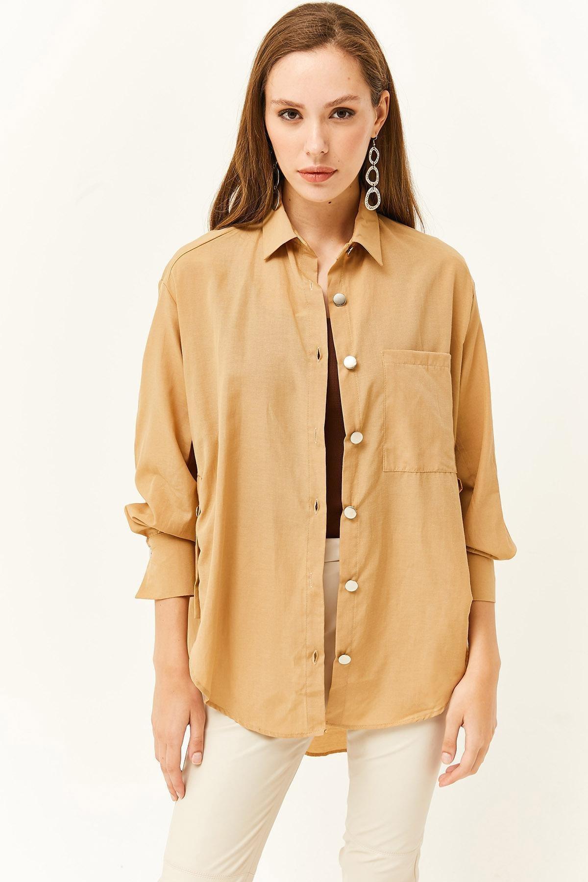 Brown Side Button Oversized Shirt, , large image number 1