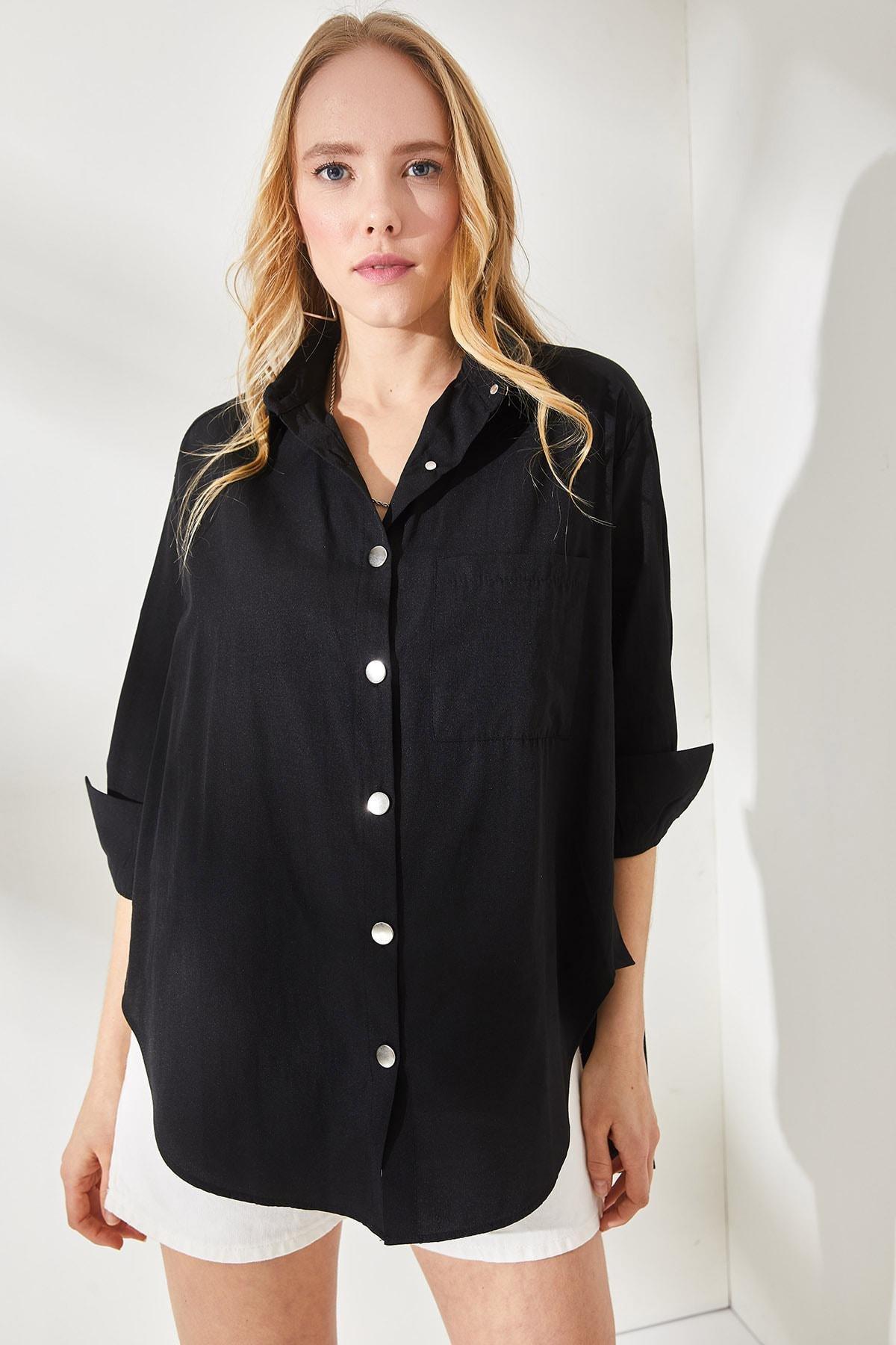 Black Oversized Woven Shirt, , large image number 1