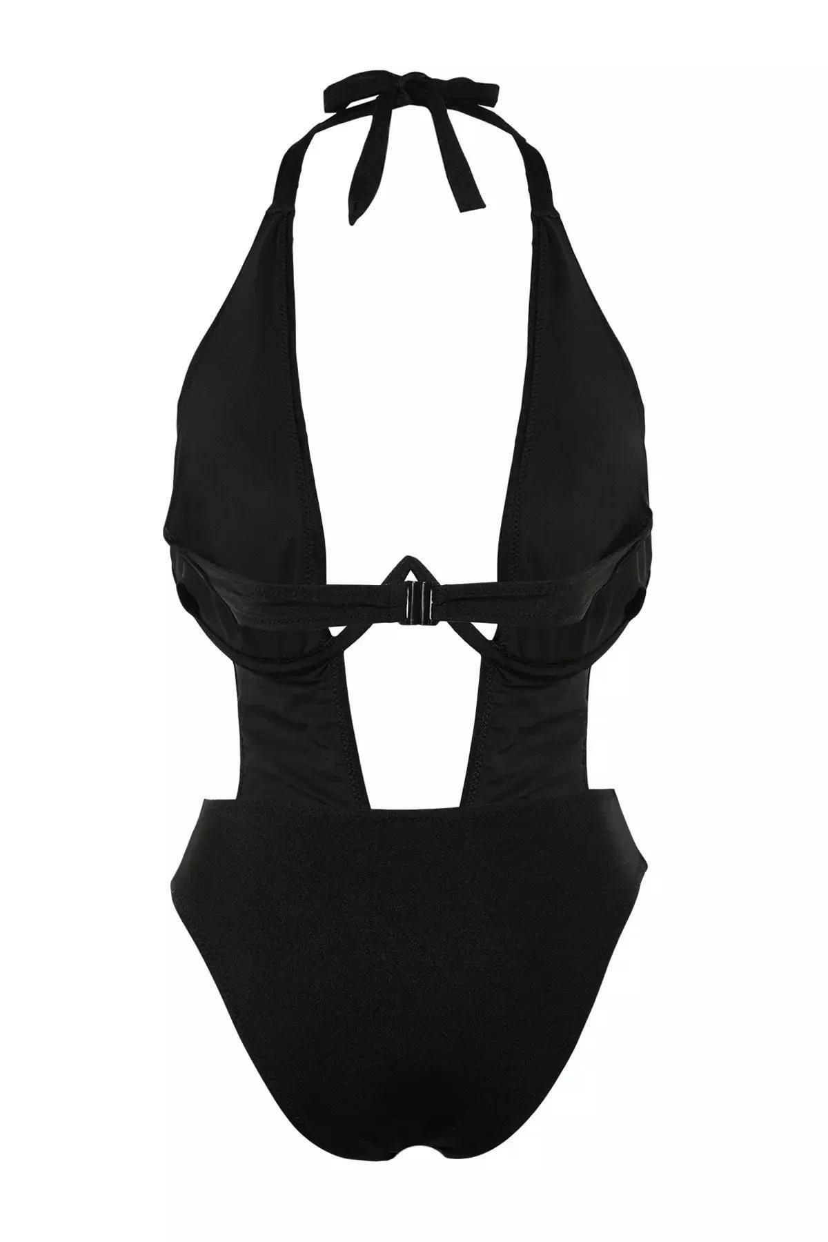 Black Balconette Inverted V Underwire High Leg Brazilian Swimsuit, Black, large image number 7