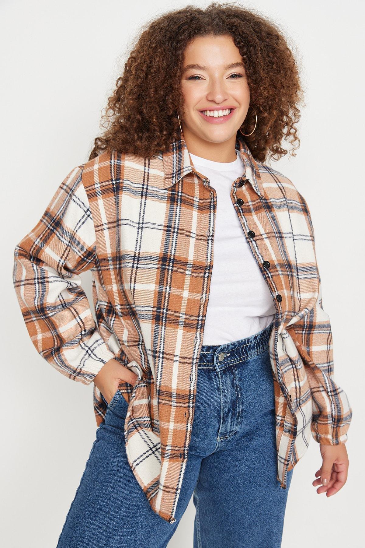 Brown Plaid Collared Plus Size Shirt, , large image number 0