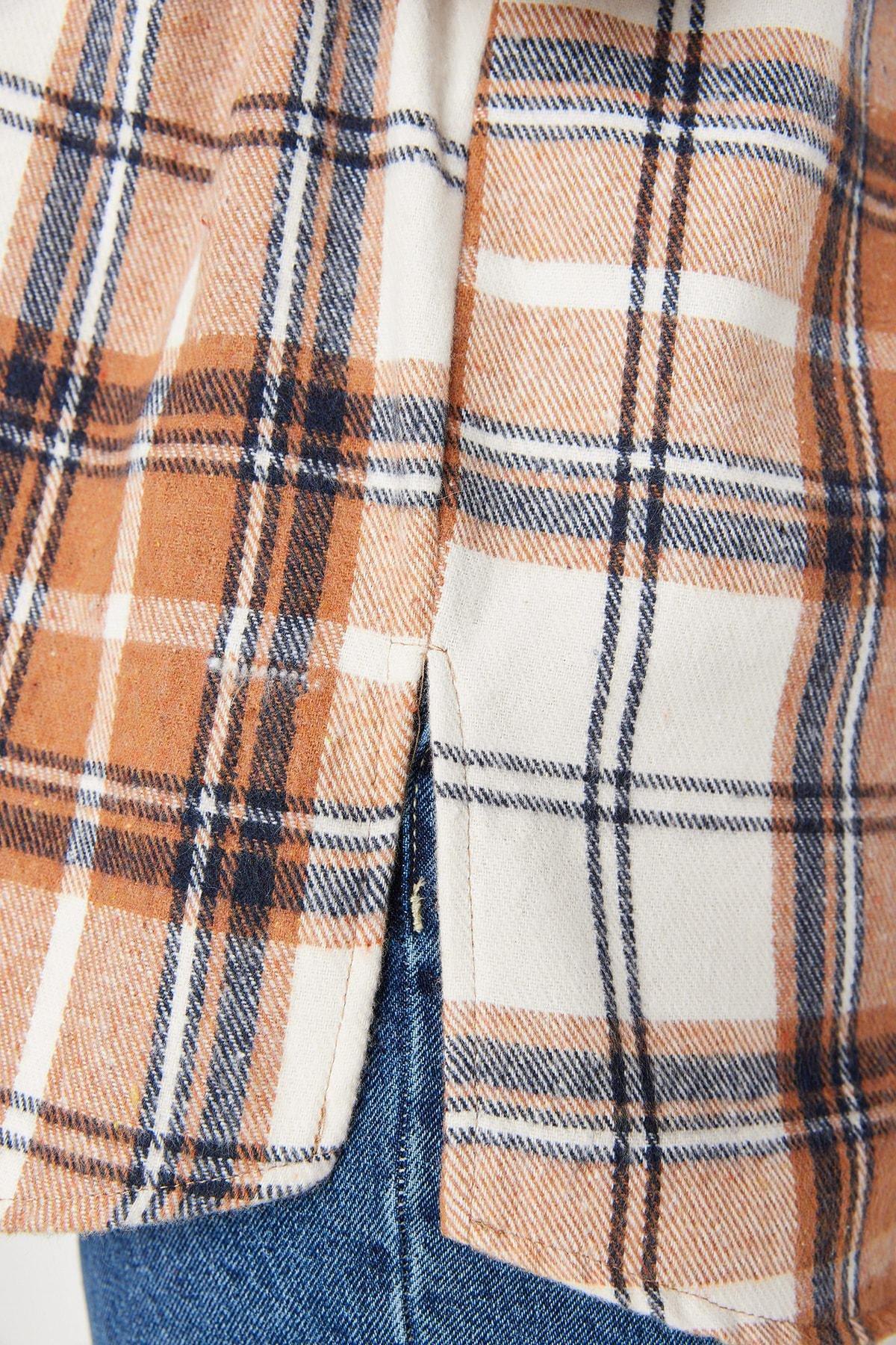 Brown Plaid Collared Plus Size Shirt, , large image number 1