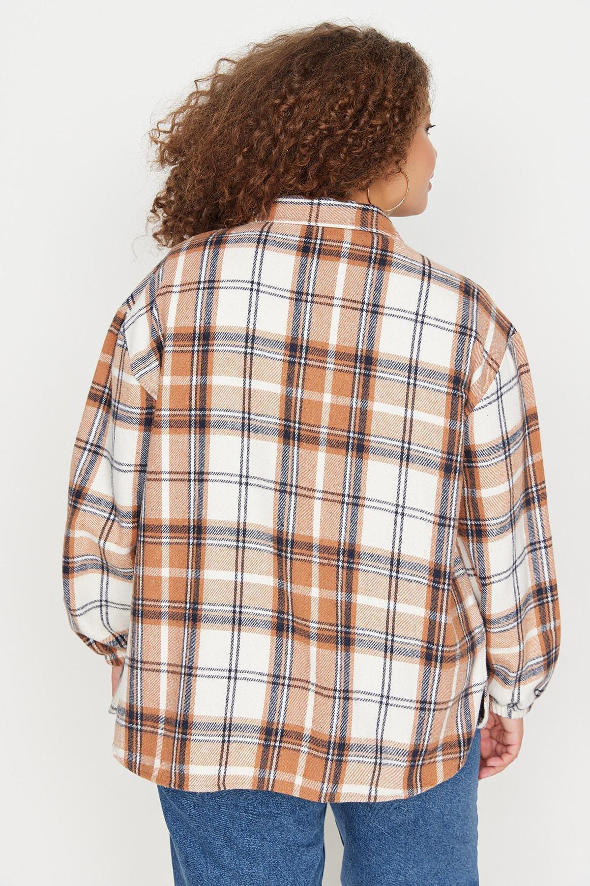 Brown Plaid Collared Plus Size Shirt, , large image number 4