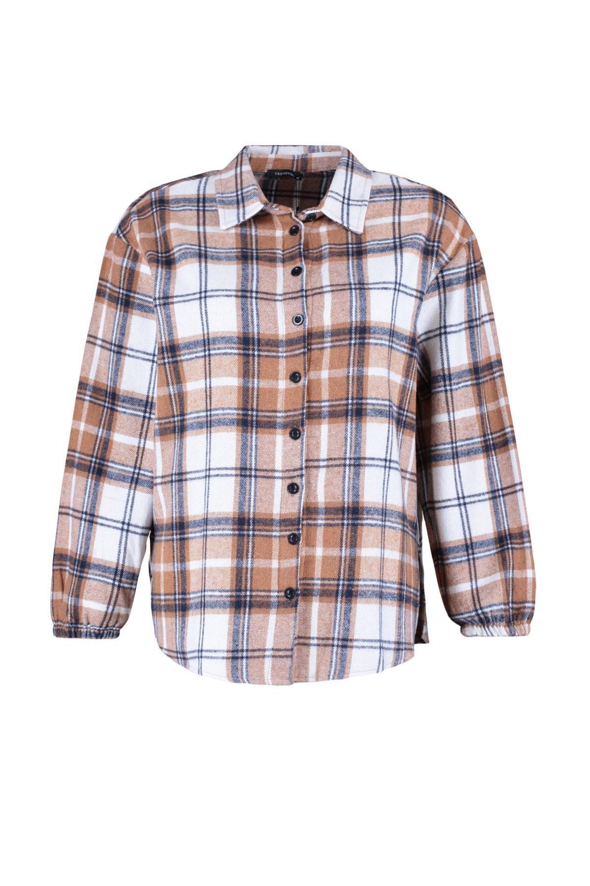 Brown Plaid Collared Plus Size Shirt, , large image number 5